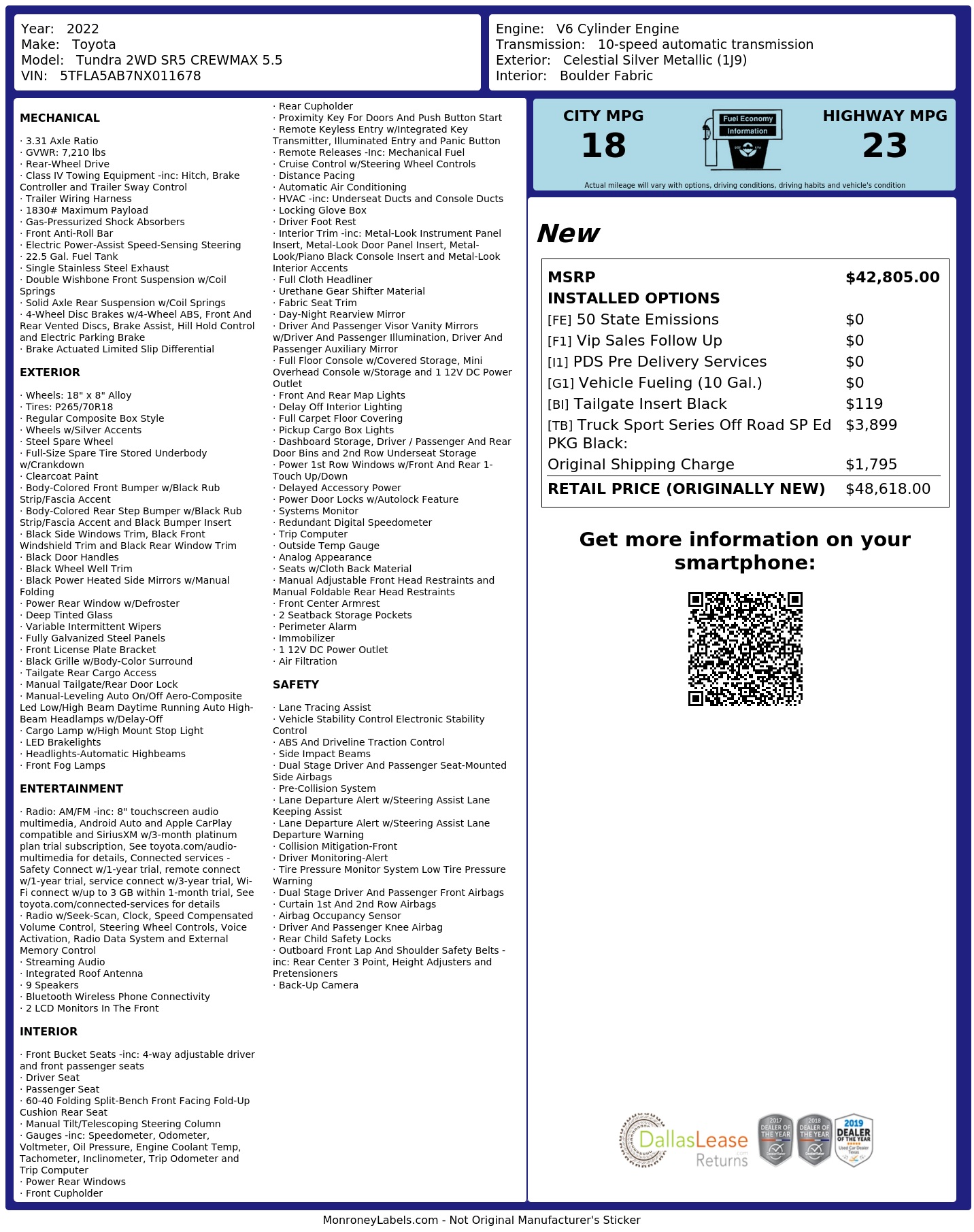 Window Sticker for 2022 Toyota Tundra 2 Wd Sr5 Crewmax 5.5