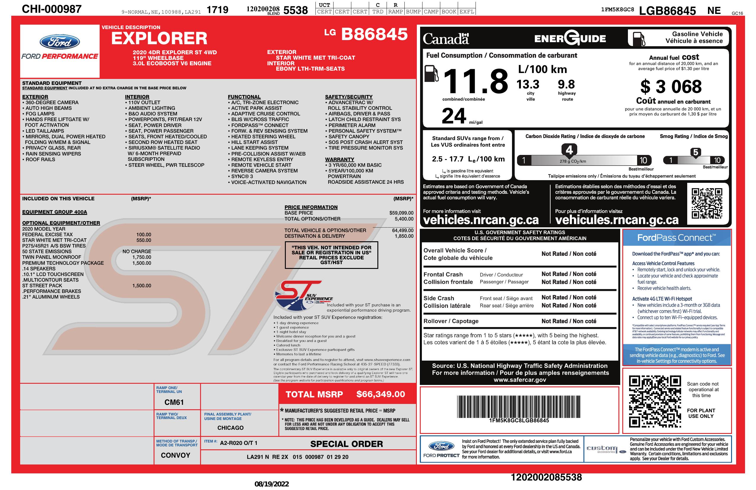 Window Sticker for 2020 Ford Explorer St 4 Wd