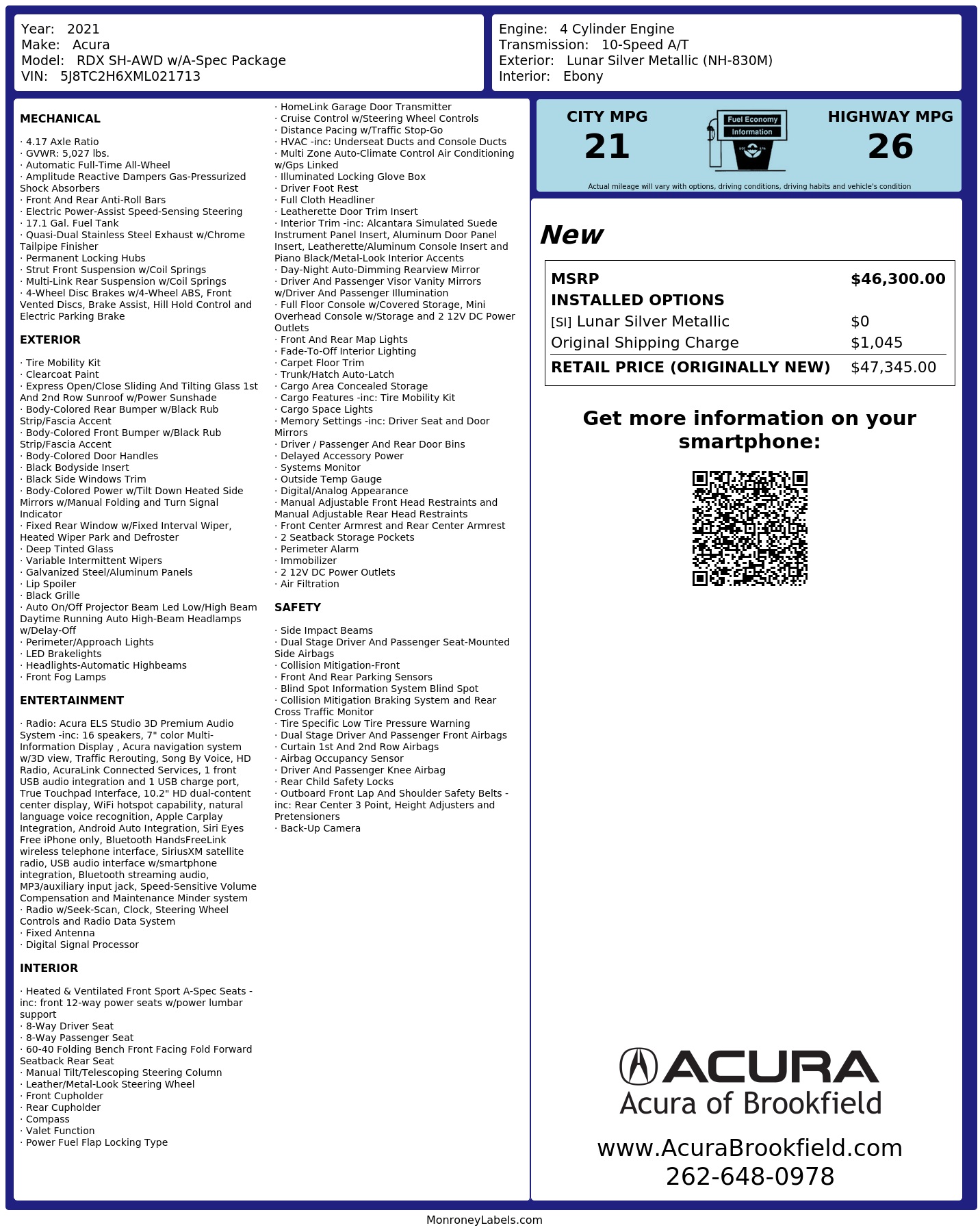 Window Sticker for 2021 Acura Rdx Sh Awd W/A Spec Package