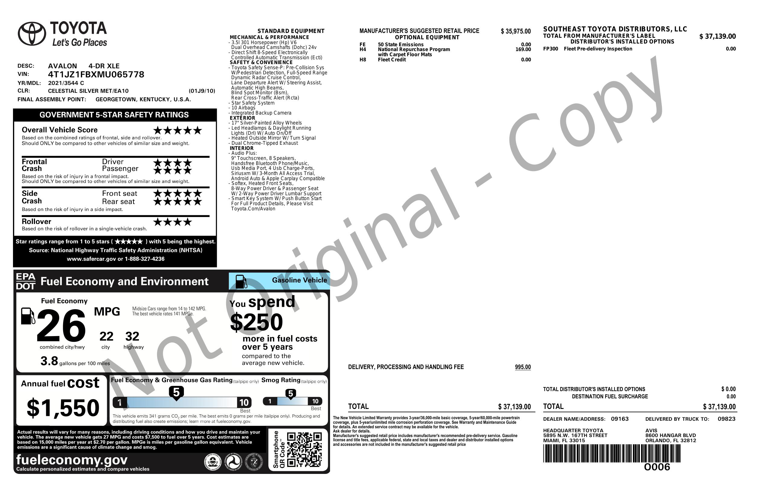 Window Sticker for 2021 Toyota Avalon Xle Fwd (Natl)