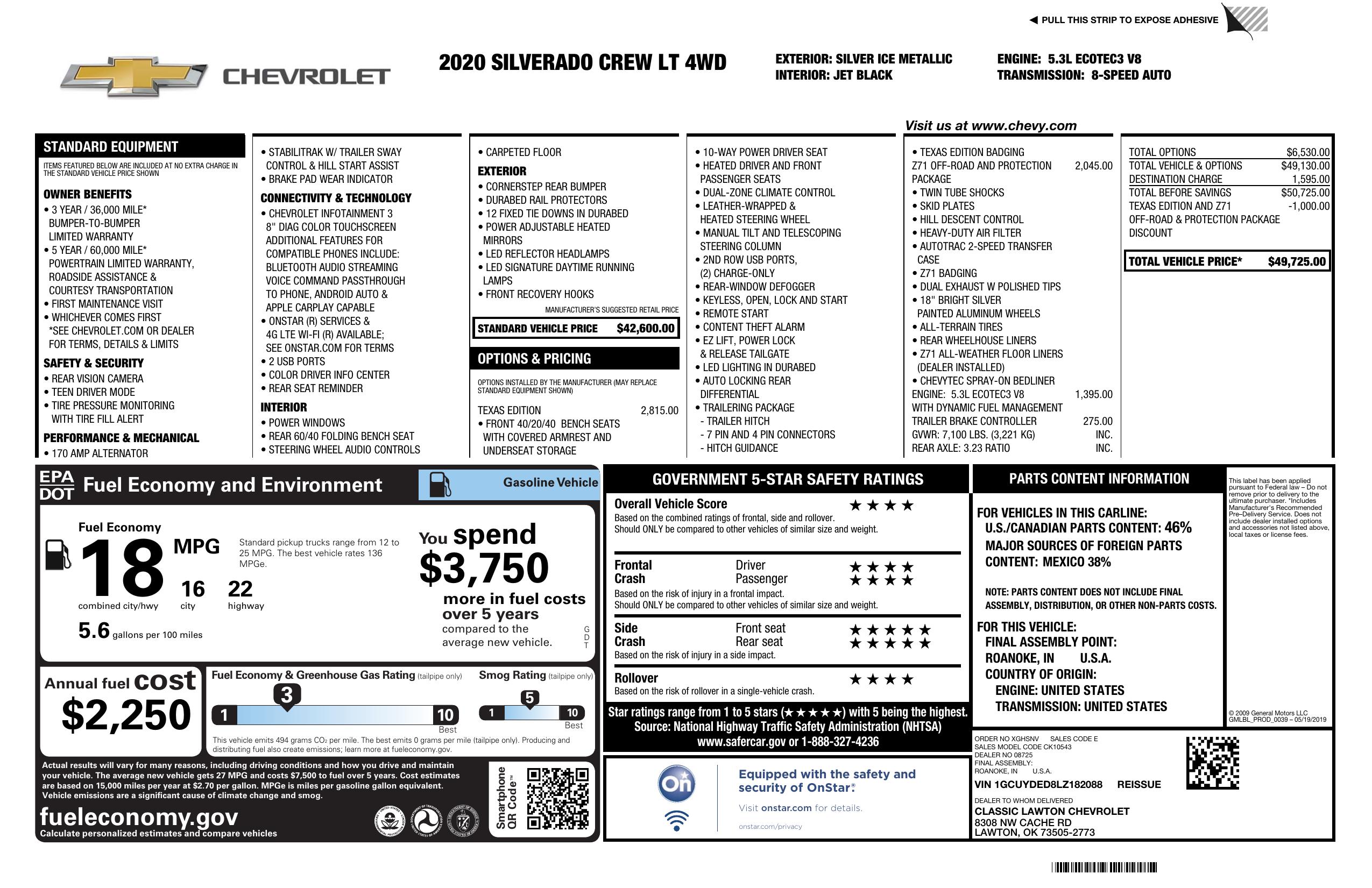 Window Sticker for 2020 Chevrolet Silverado 1500 4 Wd Crew Cab 147" Lt
