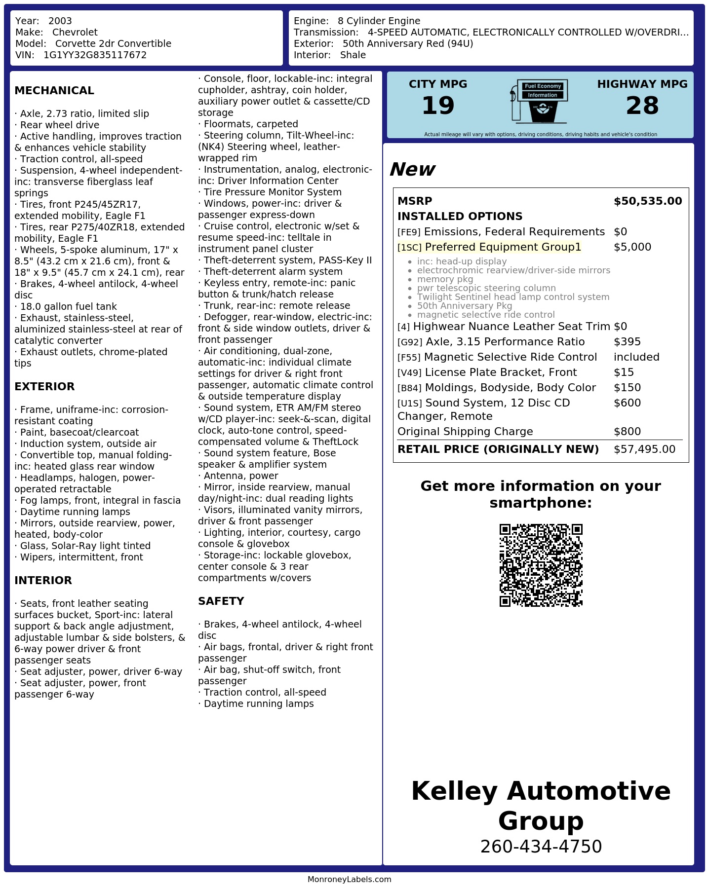 Window Sticker for 2003 Chevrolet Corvette 2dr Convertible