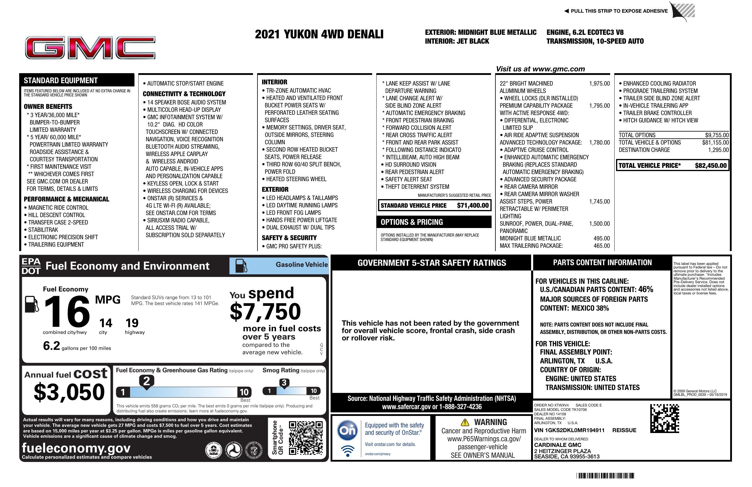 Window sticker for 2021 gmc yukon 4 wd 4dr denali
