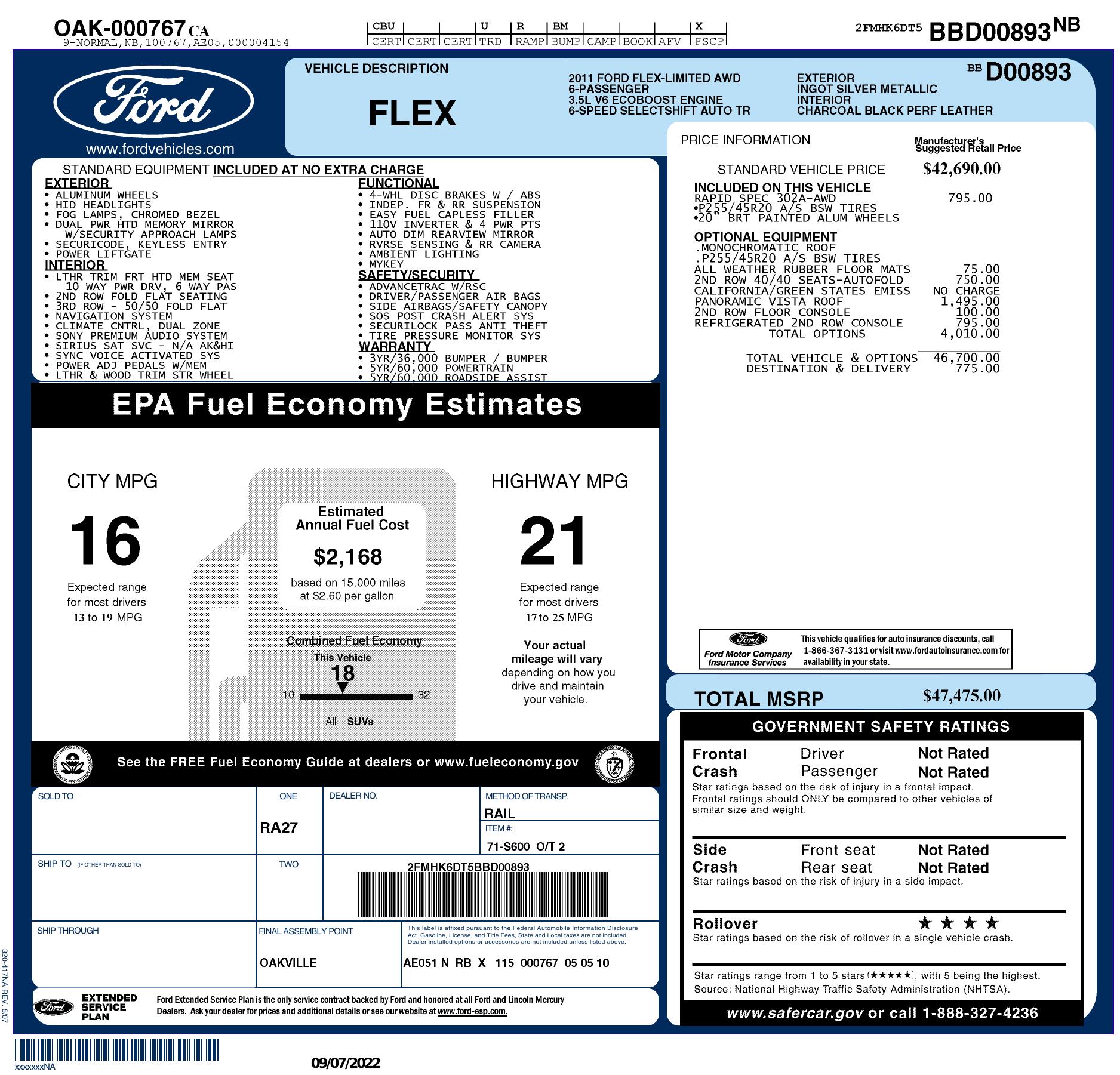 Window Sticker for 2011 Ford Flex 4dr Awd W/Ecoboost