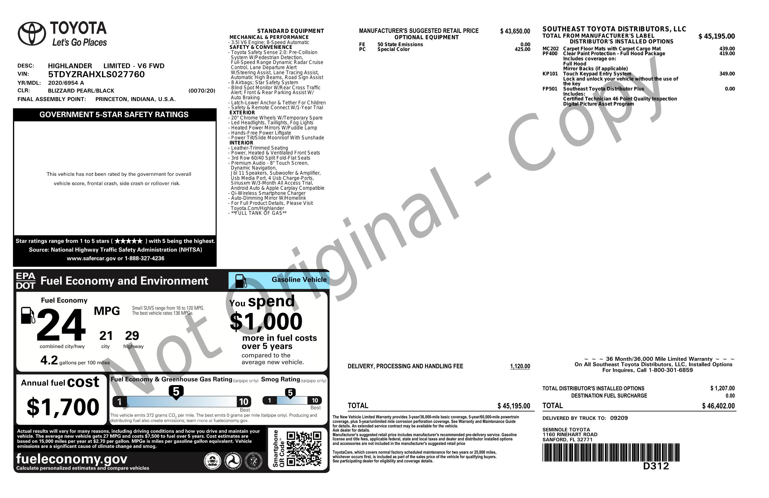 Window Sticker for 2020 Toyota Highlander Limited Fwd (Natl)
