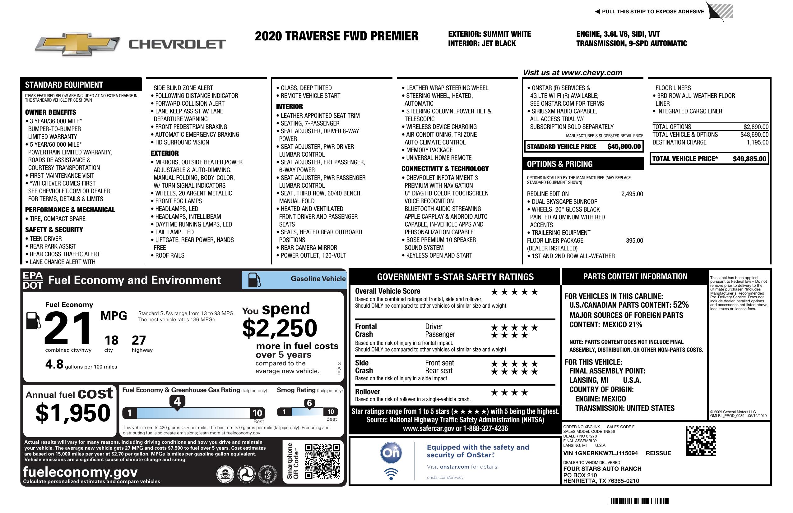 Window Sticker For 2020 Chevrolet Traverse Fwd 4dr Premier   Window Sticker 