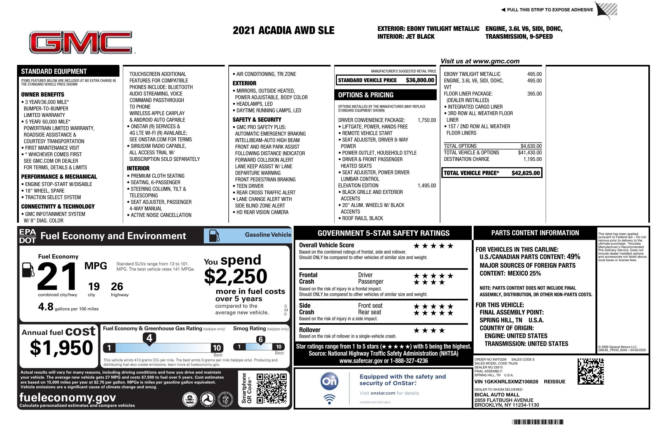 Window Sticker for 2021 GMC Acadia Awd 4dr Sle