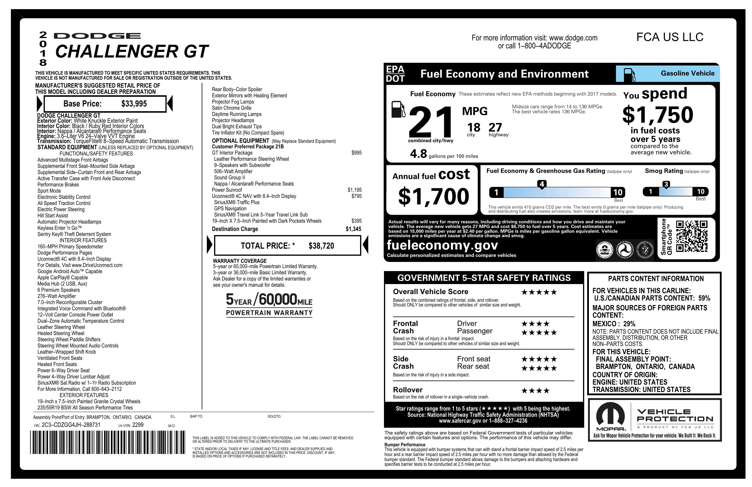 Window Sticker for 2018 Dodge Challenger Gt Awd