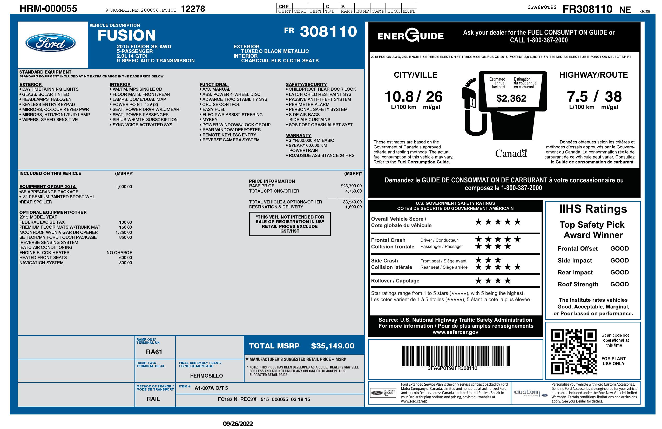 Window Sticker for 2015 Ford Fusion 4dr Sdn Se Awd