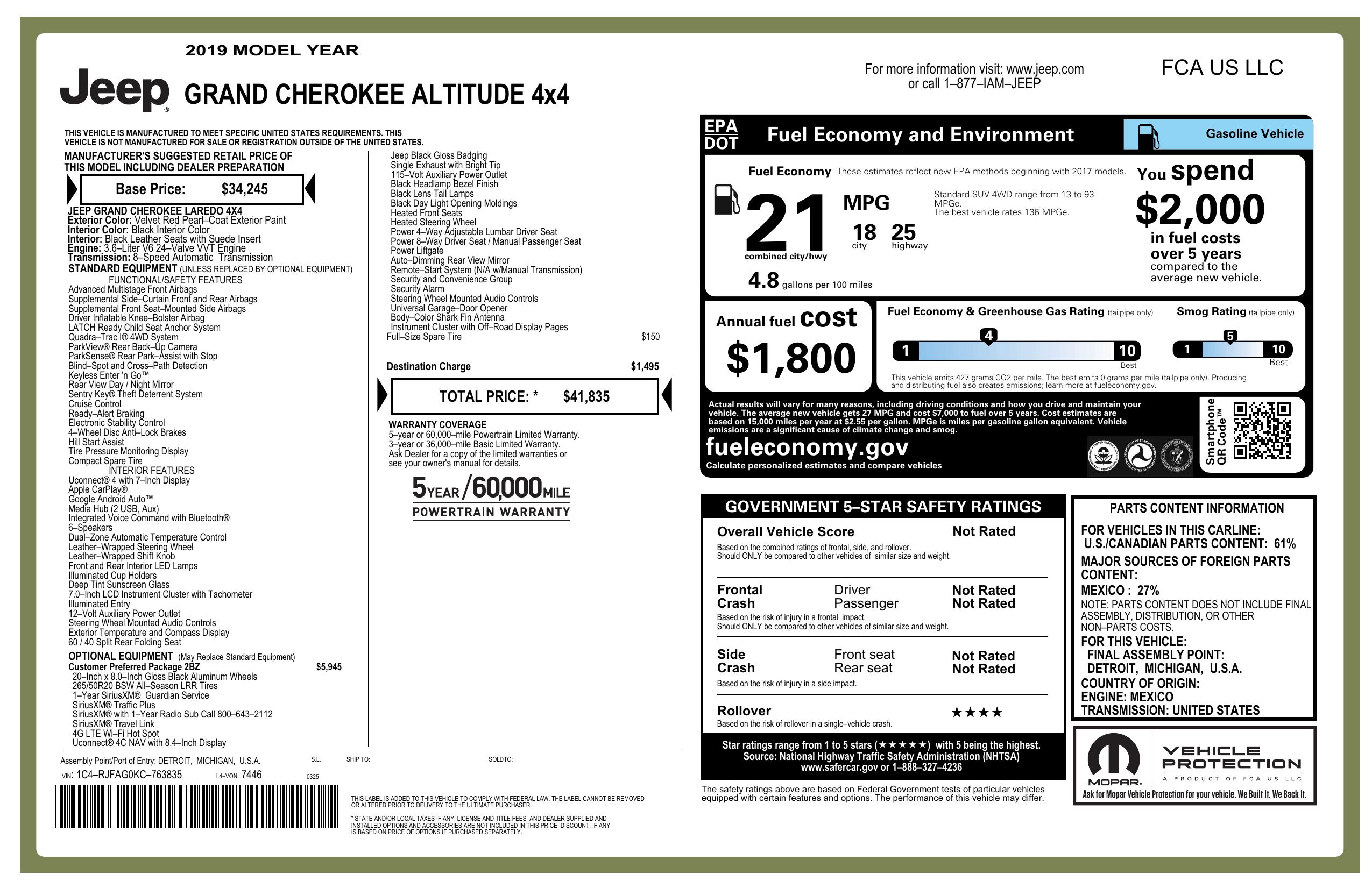 Window Sticker for 2019 Jeep Grand Cherokee Altitude 4x4