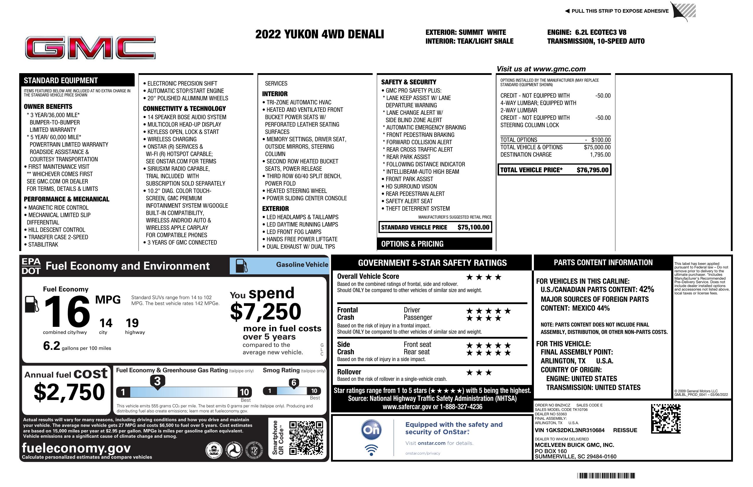 Window Sticker For 2022 GMC Yukon 4 Wd 4dr Denali window-sticker-for-2022-gmc-yukon-4-wd-4dr-denali