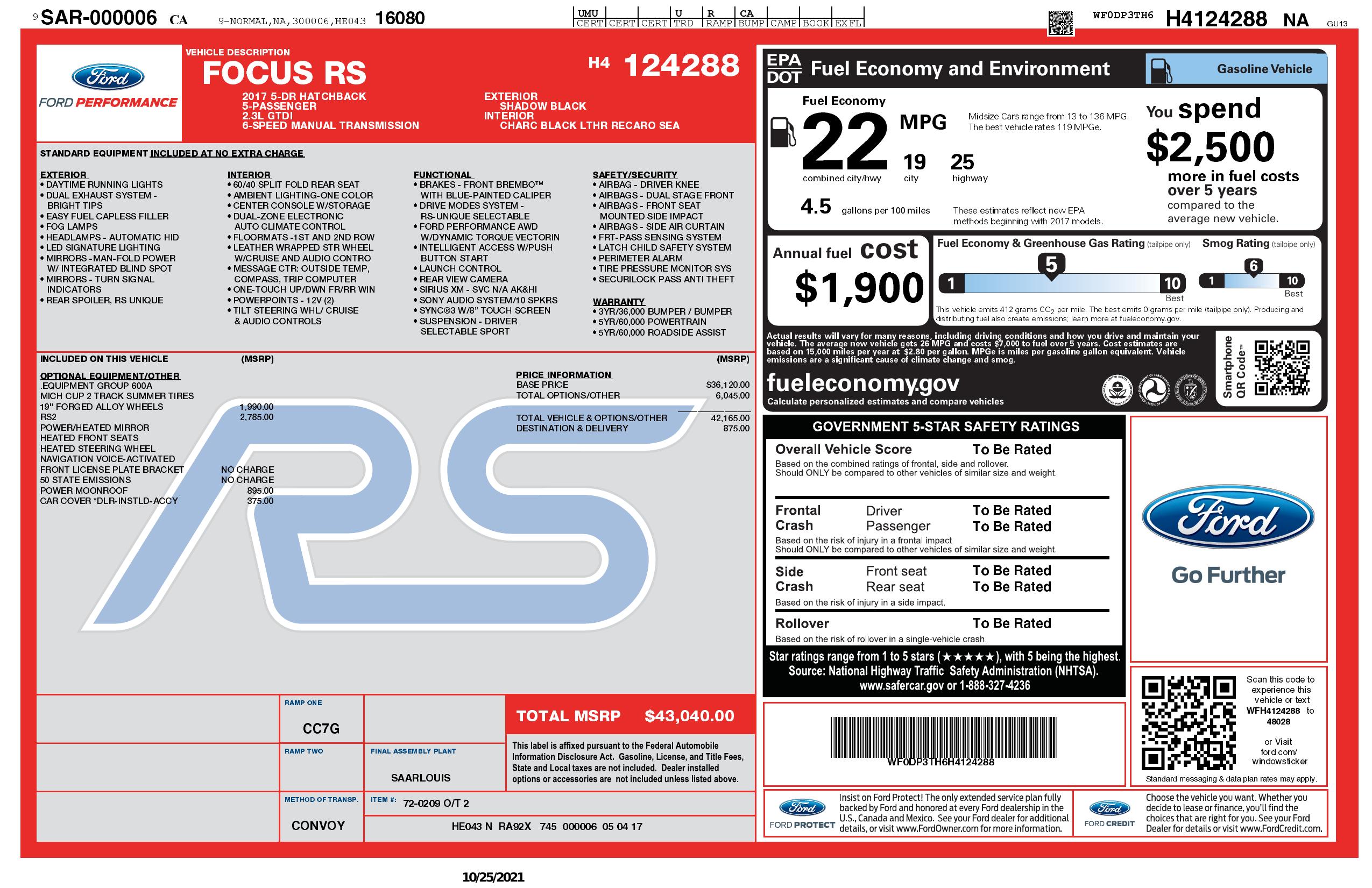 Window Sticker for 2017 Ford Focus Rs Hatch