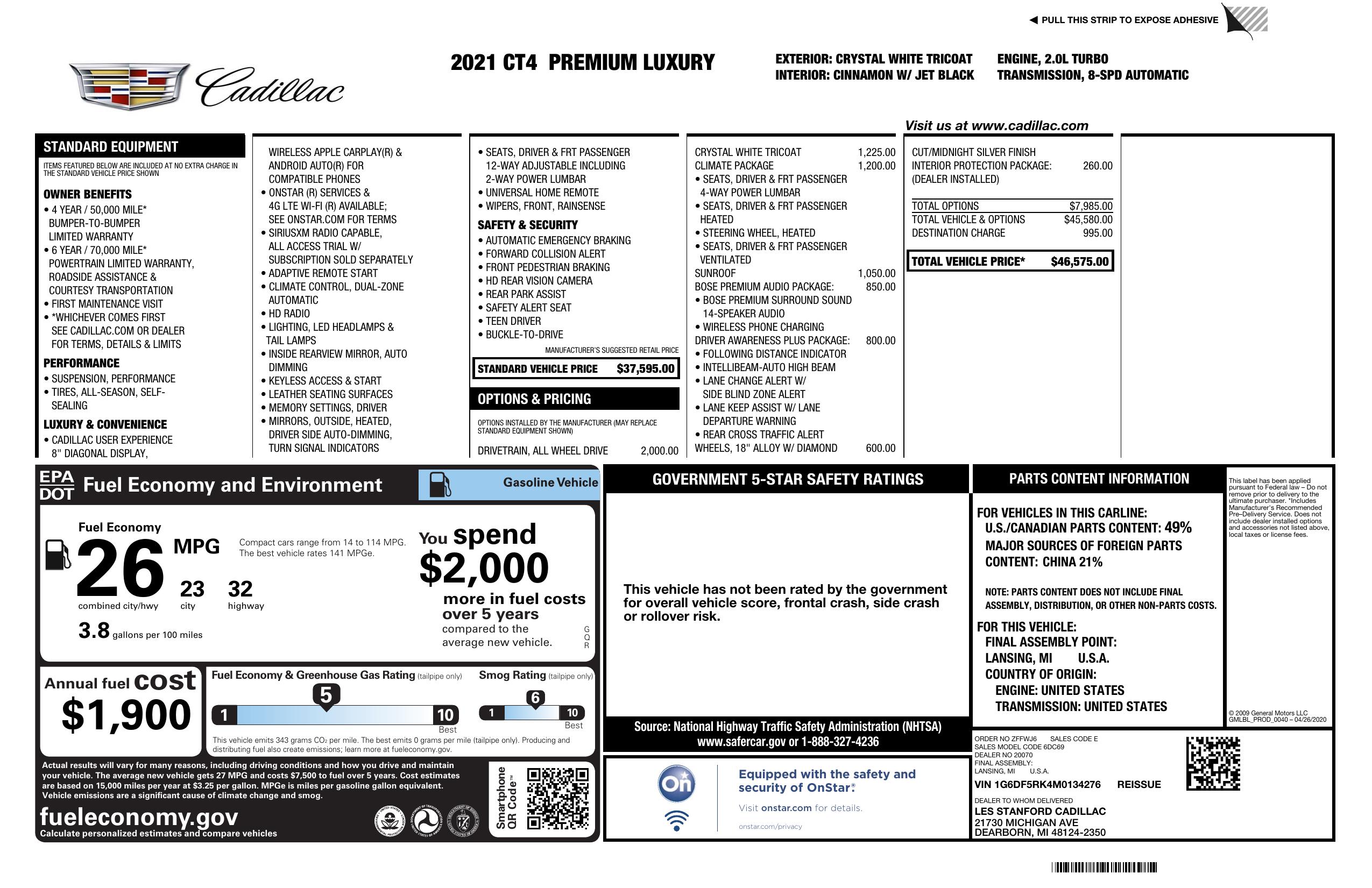 Window Sticker for 2021 Cadillac Ct4 4dr Sdn Premium Luxury