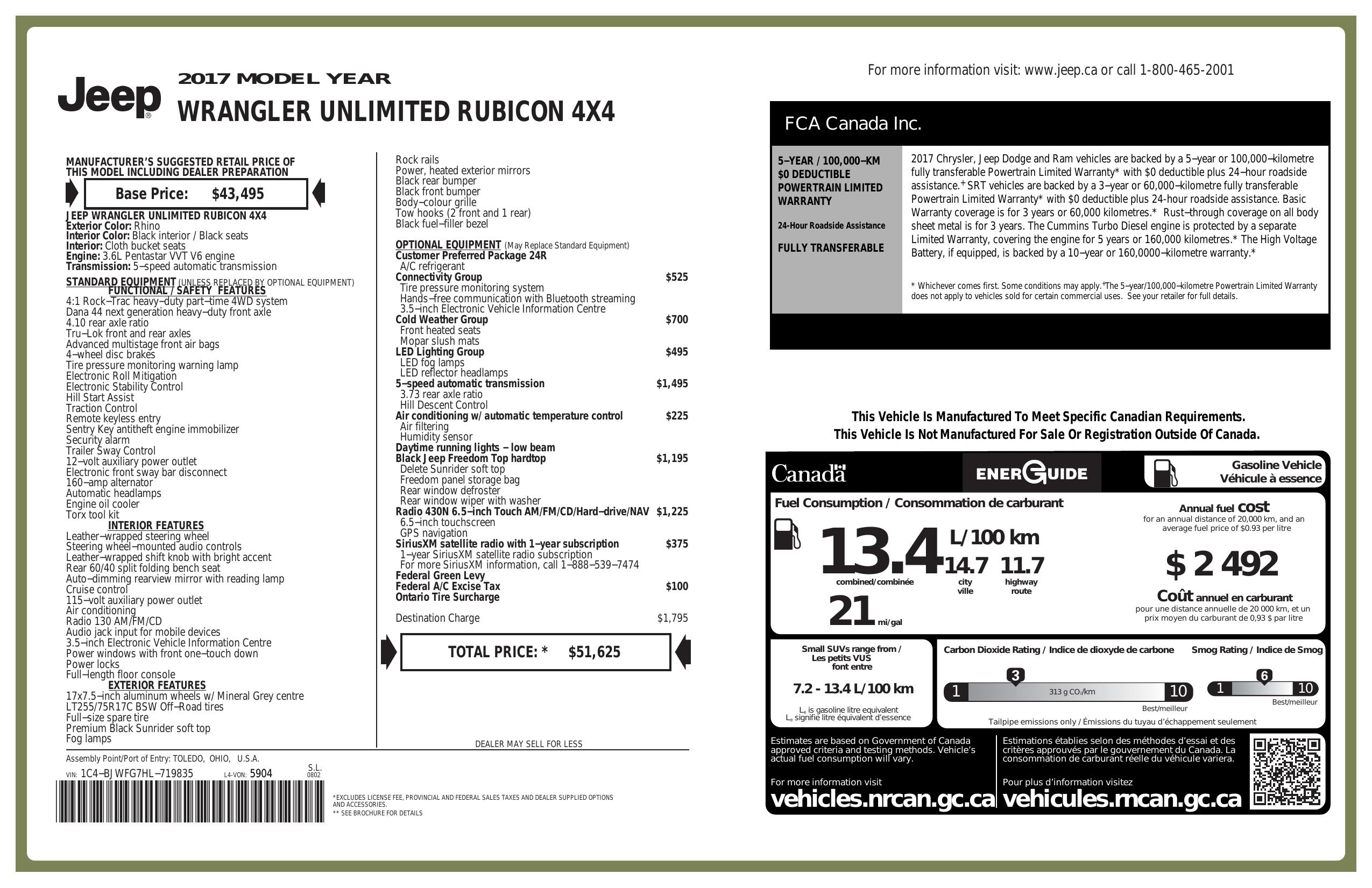 Window Sticker for 2017 Jeep Wrangler Unlimited 4 Wd 4dr Rubicon