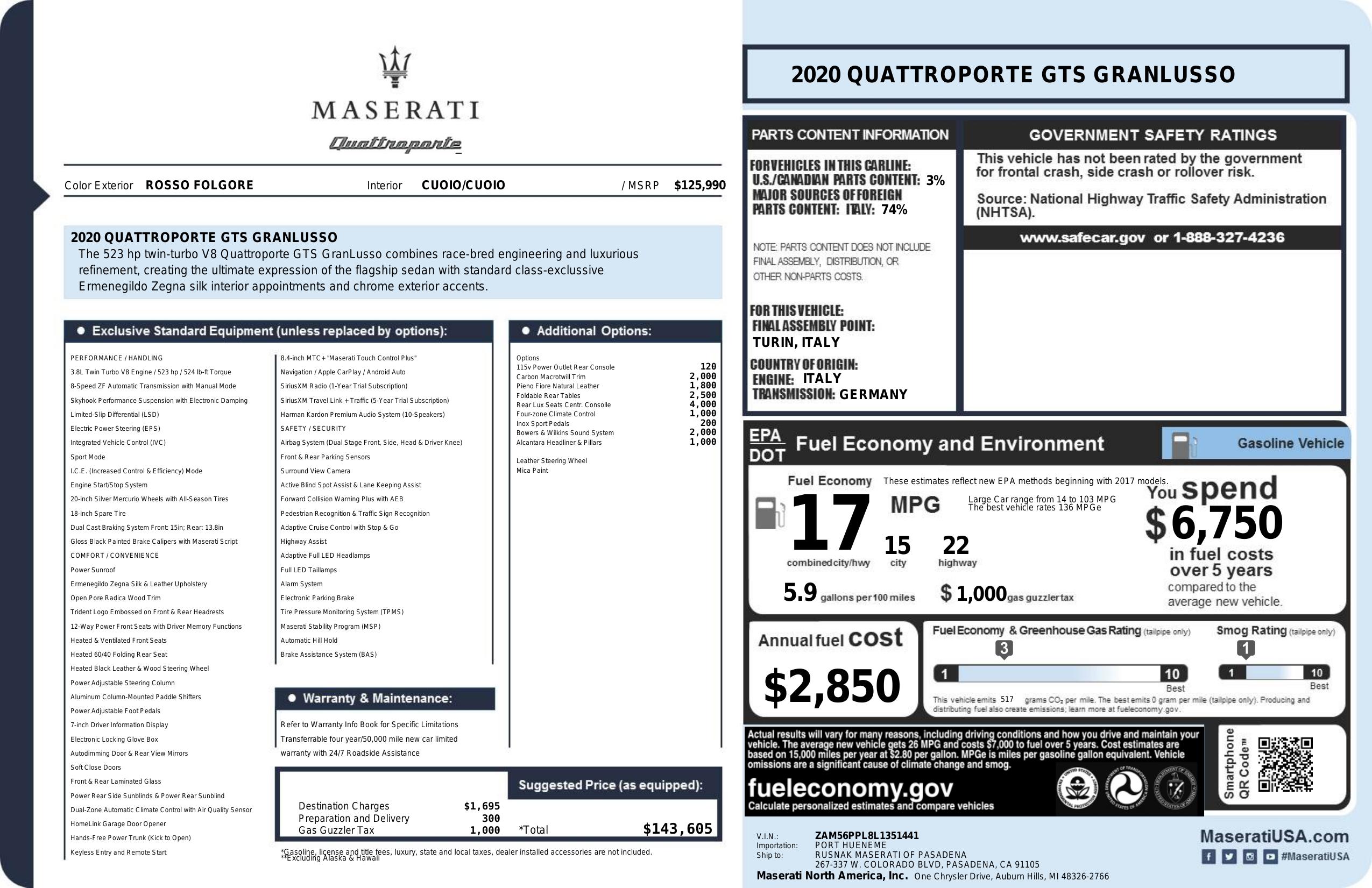 Window Sticker for 2020 Maserati Quattroporte Gts Gran Lusso 3.8 L