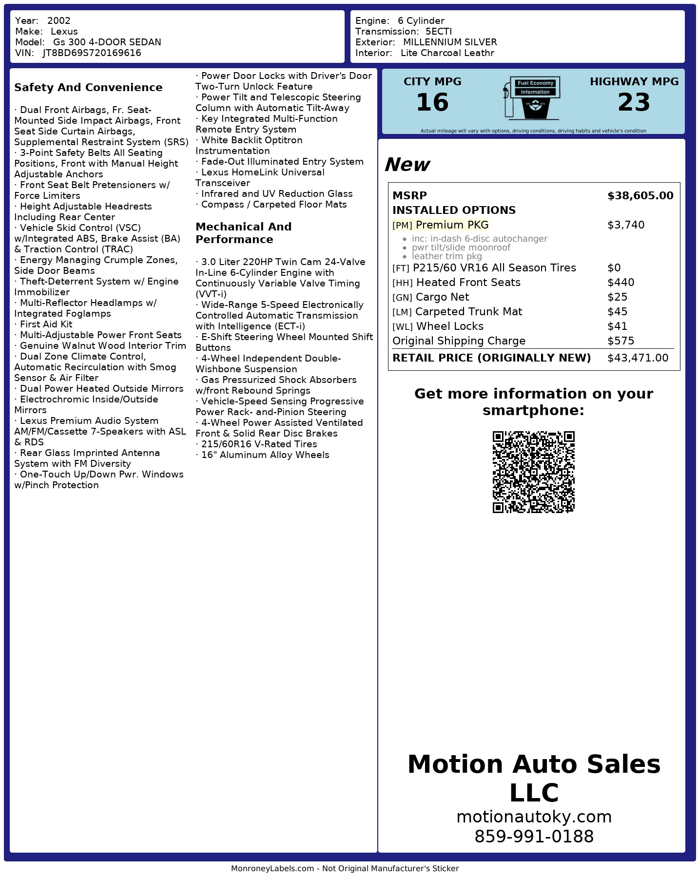 Window Sticker for 2002 Lexus Gs 300 4 Door Sedan