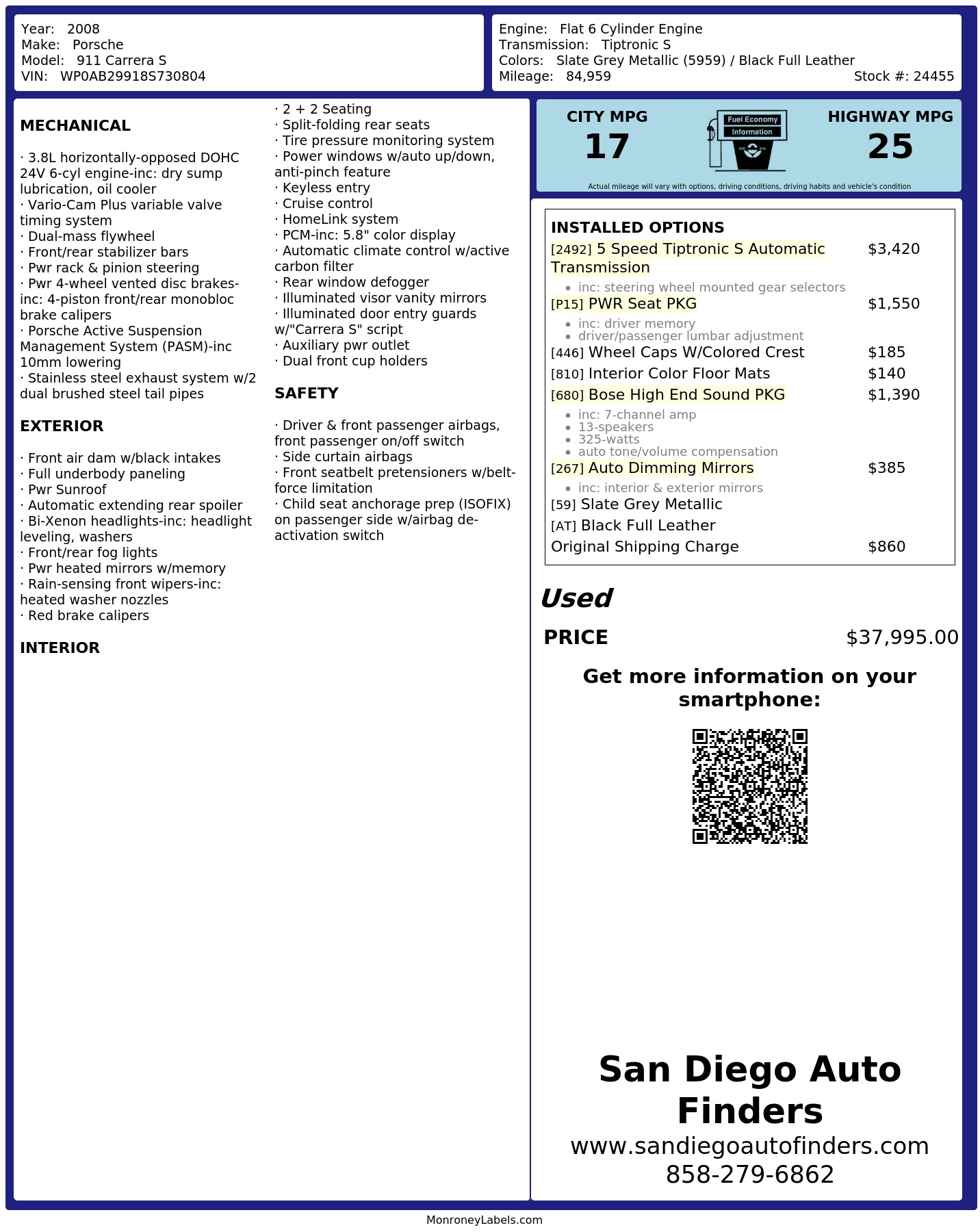 Window Sticker for 2008 Porsche 911 Carrera S