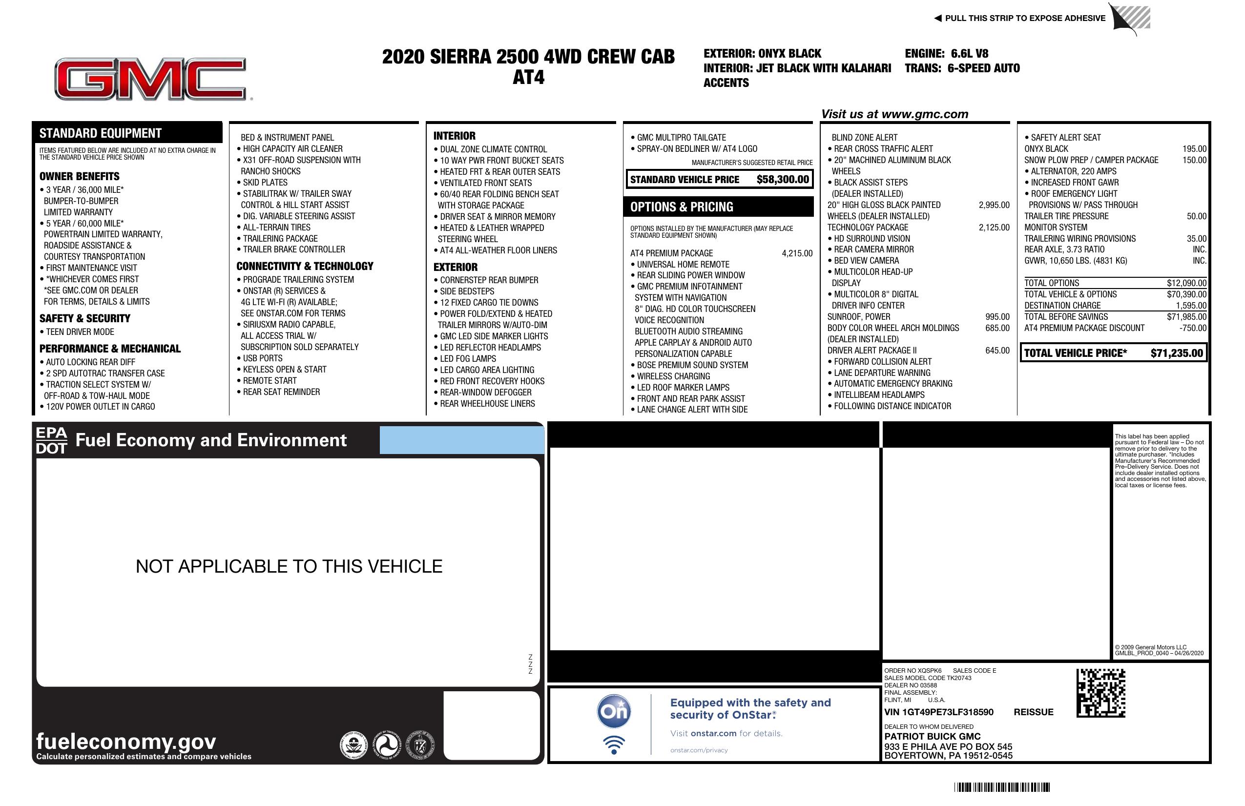 Window Sticker for 2020 GMC Sierra 2500 Hd 4 Wd Crew Cab 159" At4