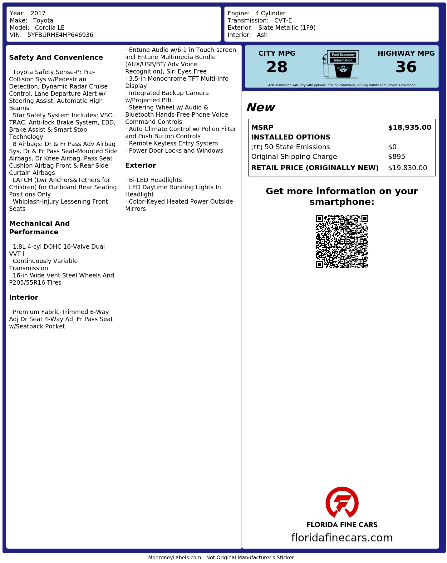Original window sticker for 2017 TOYOTA COROLLA LE