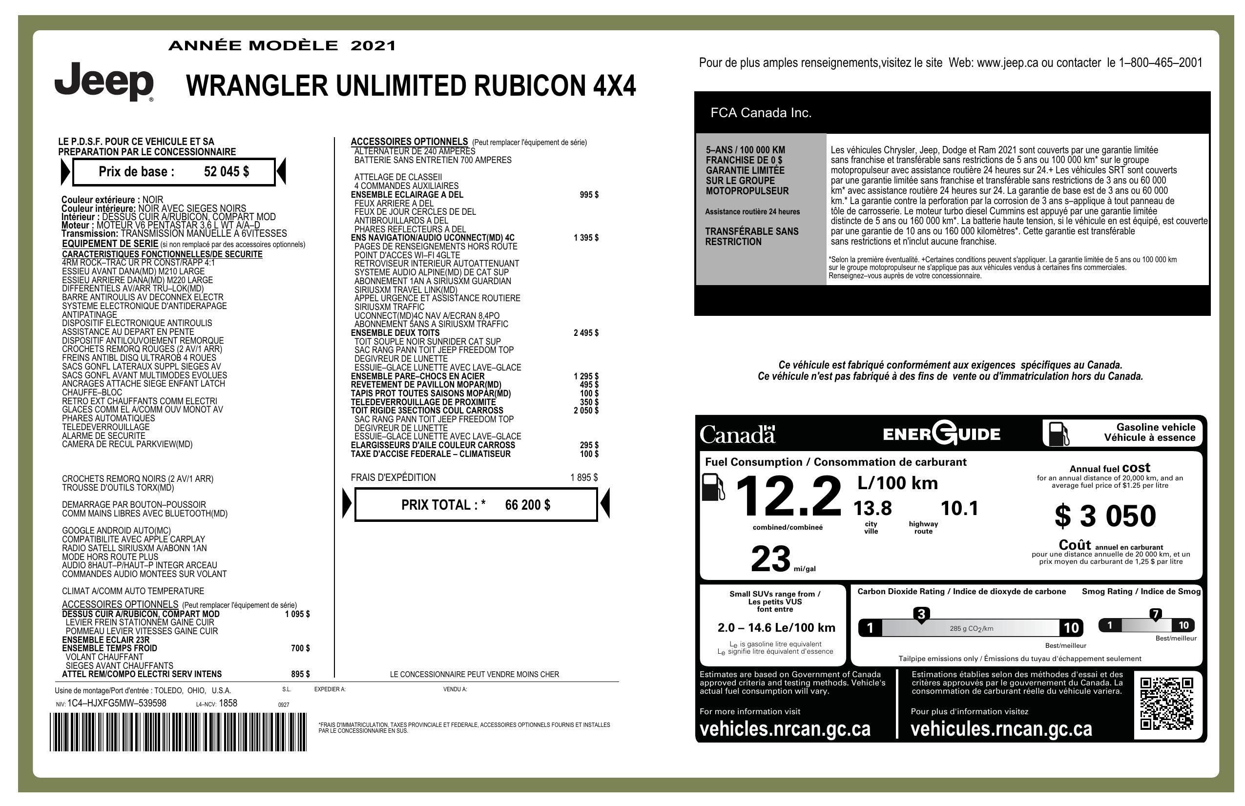 Window Sticker for 2021 Jeep Wrangler Unlimited Rubicon 4x4