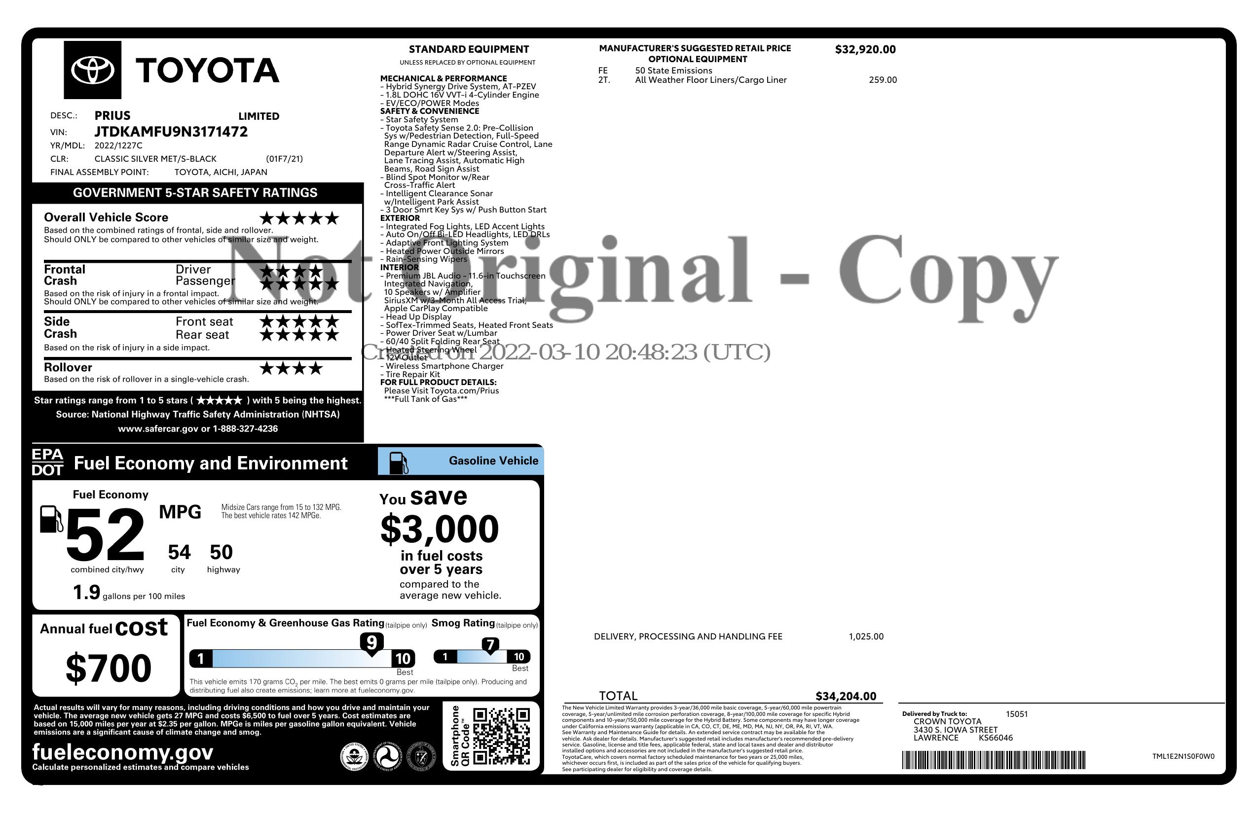 Window Sticker for 2022 Toyota Prius (Natl)