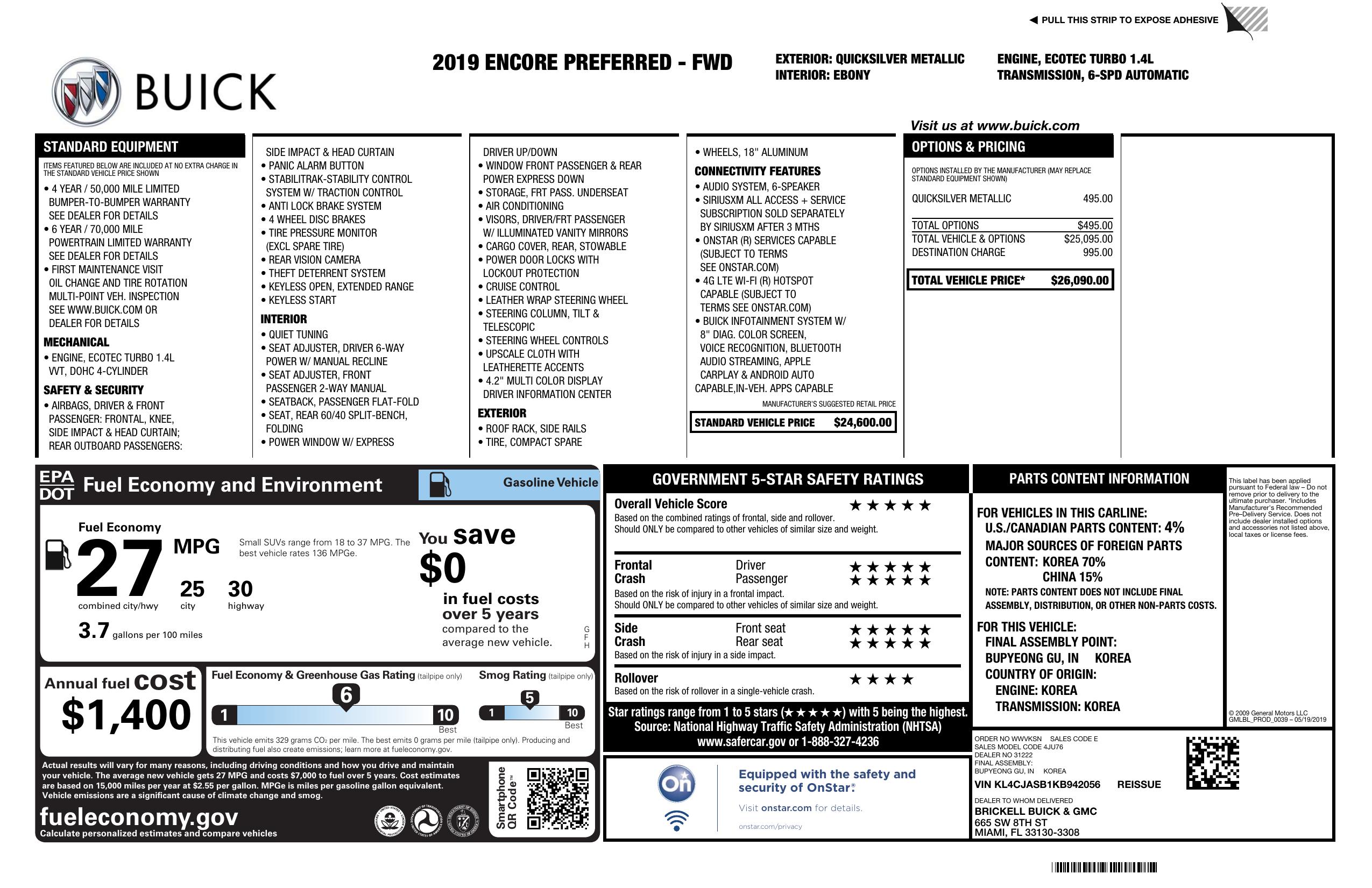 Window Sticker for 2019 Buick Encore Fwd 4dr Preferred