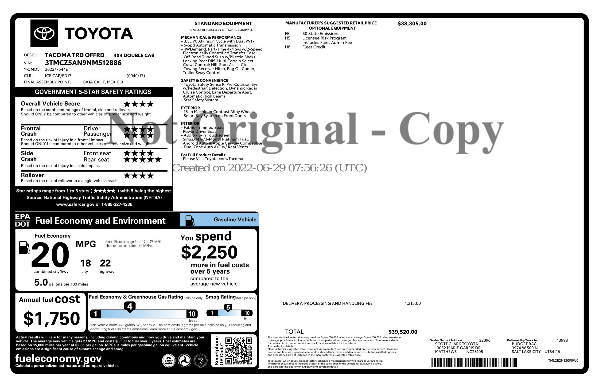 Window Sticker for 2022 Toyota 4 Wd Double Cab 5' Bed V6 (Natl)