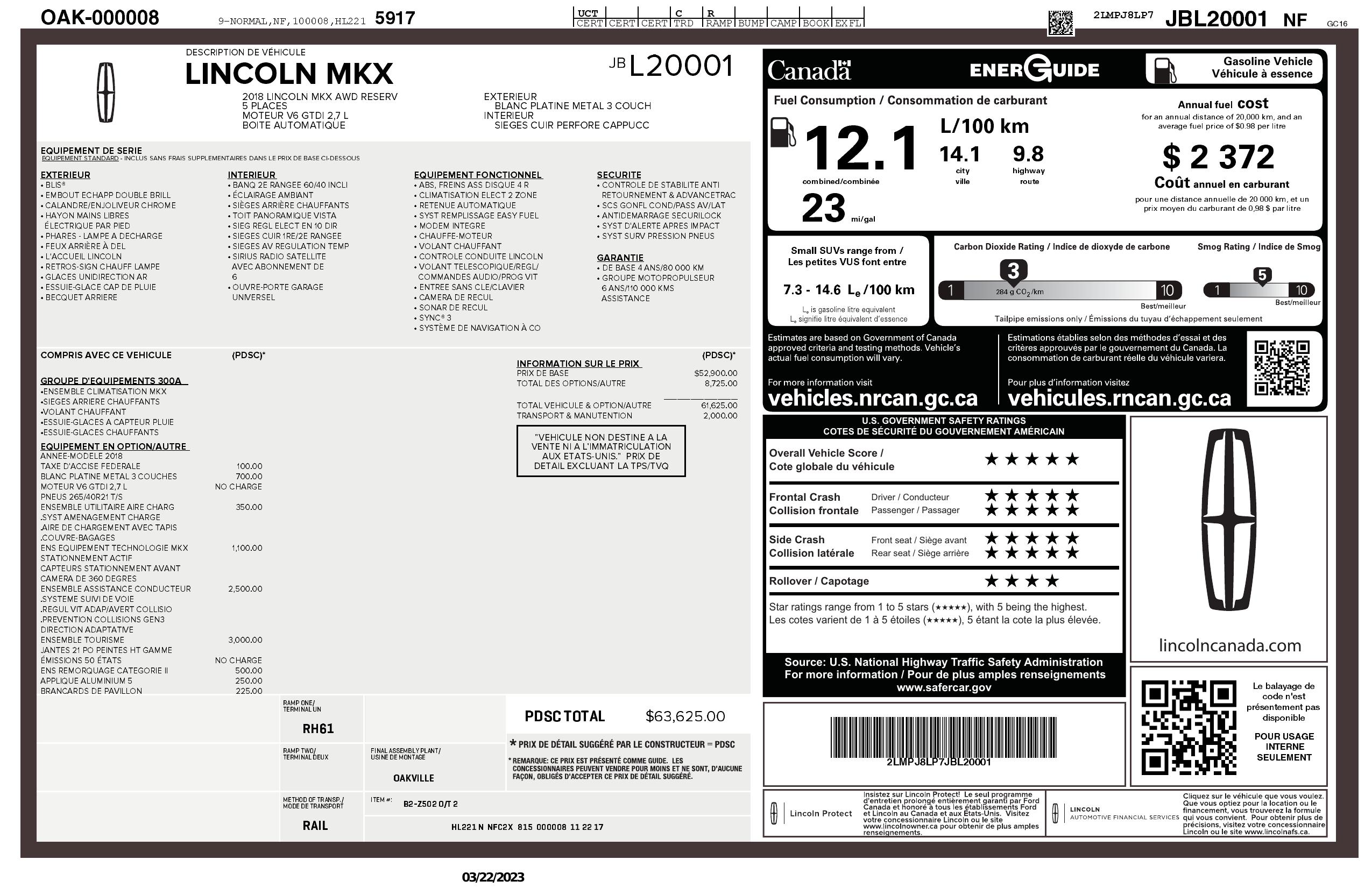 Window Sticker for 2018 Lincoln Mkx Reserve Awd