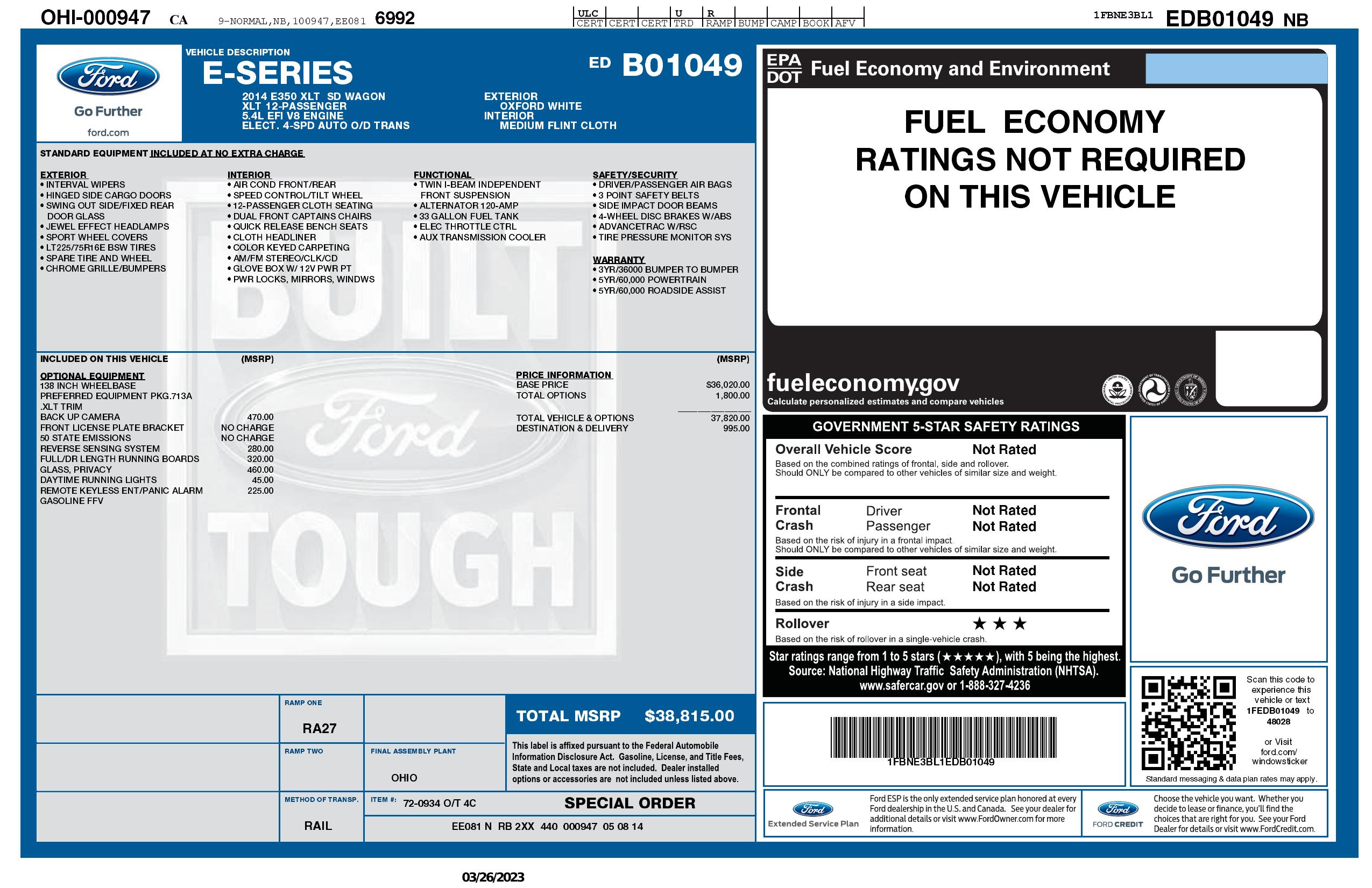 Window Sticker for 2014 Ford Econoline Wagon E 350 Super Duty