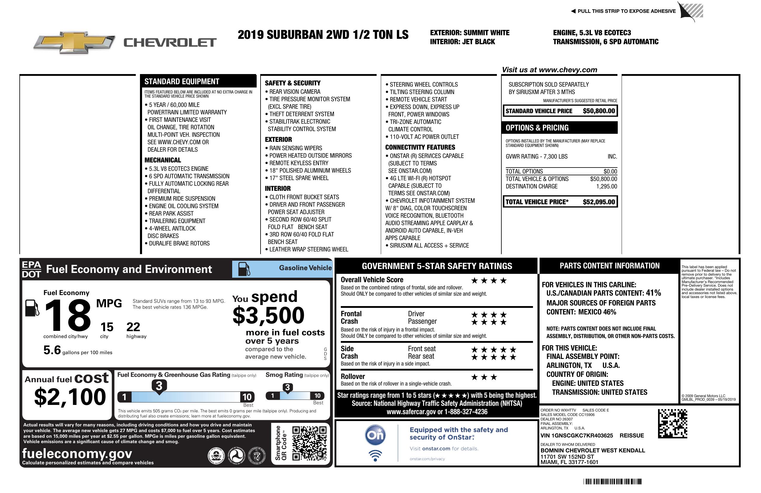Window sticker for 2019 chevrolet suburban 2 wd 4dr 1500 ls