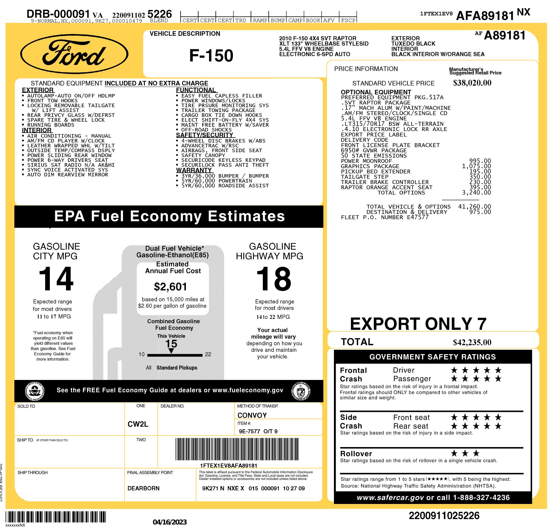 Window Sticker for 2010 Ford F 150 Svt Raptor