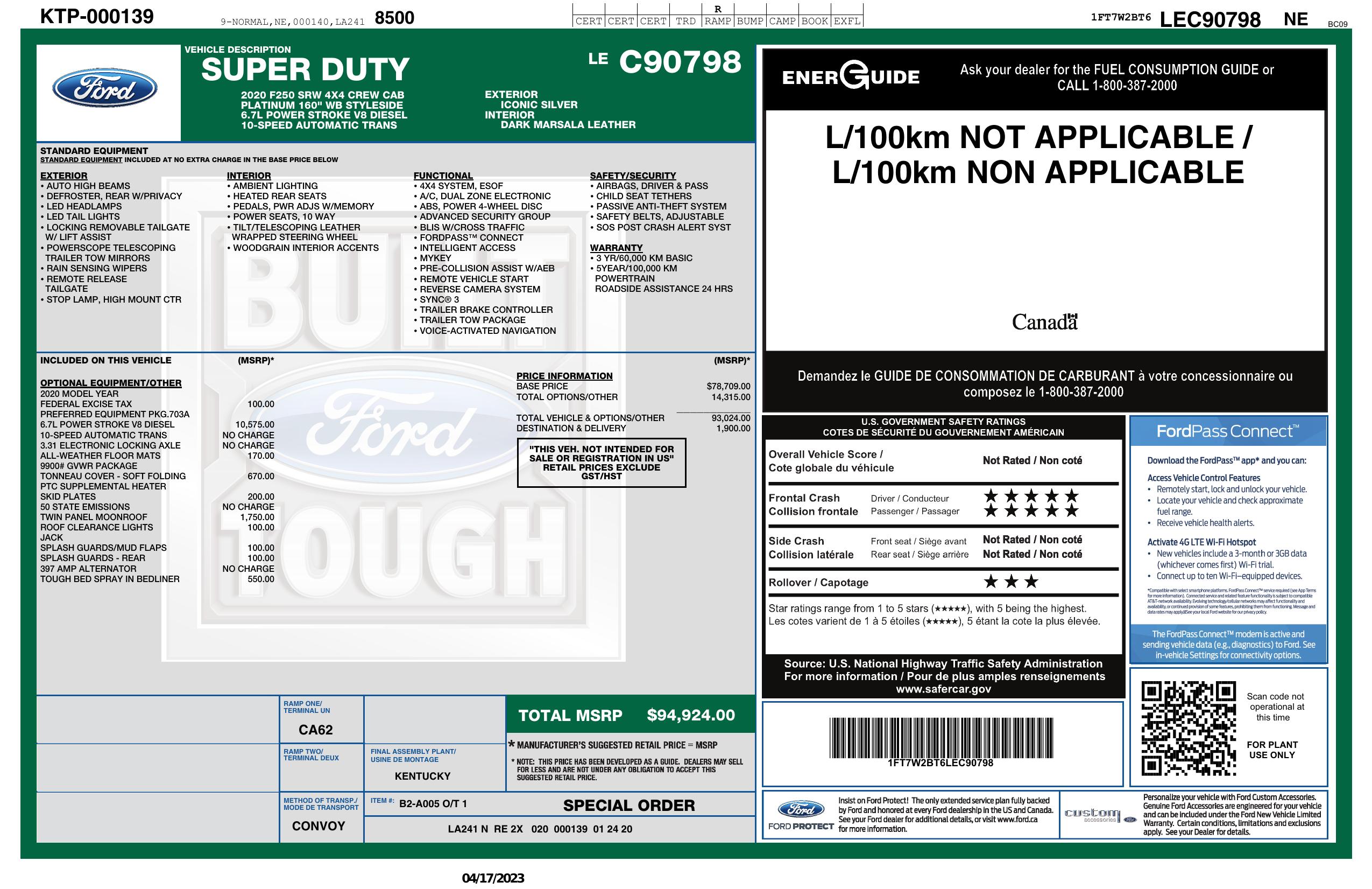 Window Sticker for 2020 Ford Super Duty F 250 Srw 4 Wd Crew Cab Box