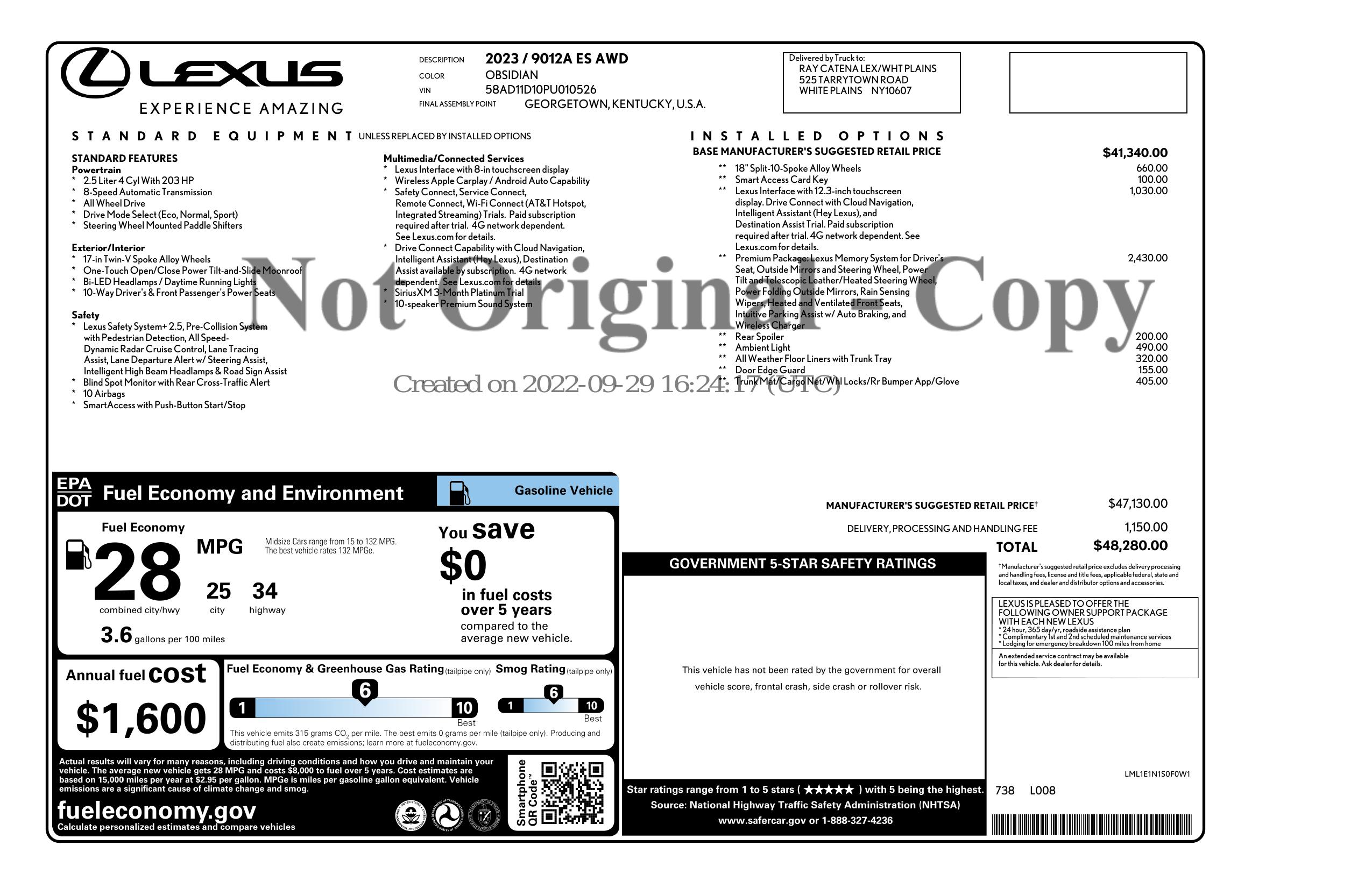 Window Sticker for 2023 Lexus Es Es 250 Awd