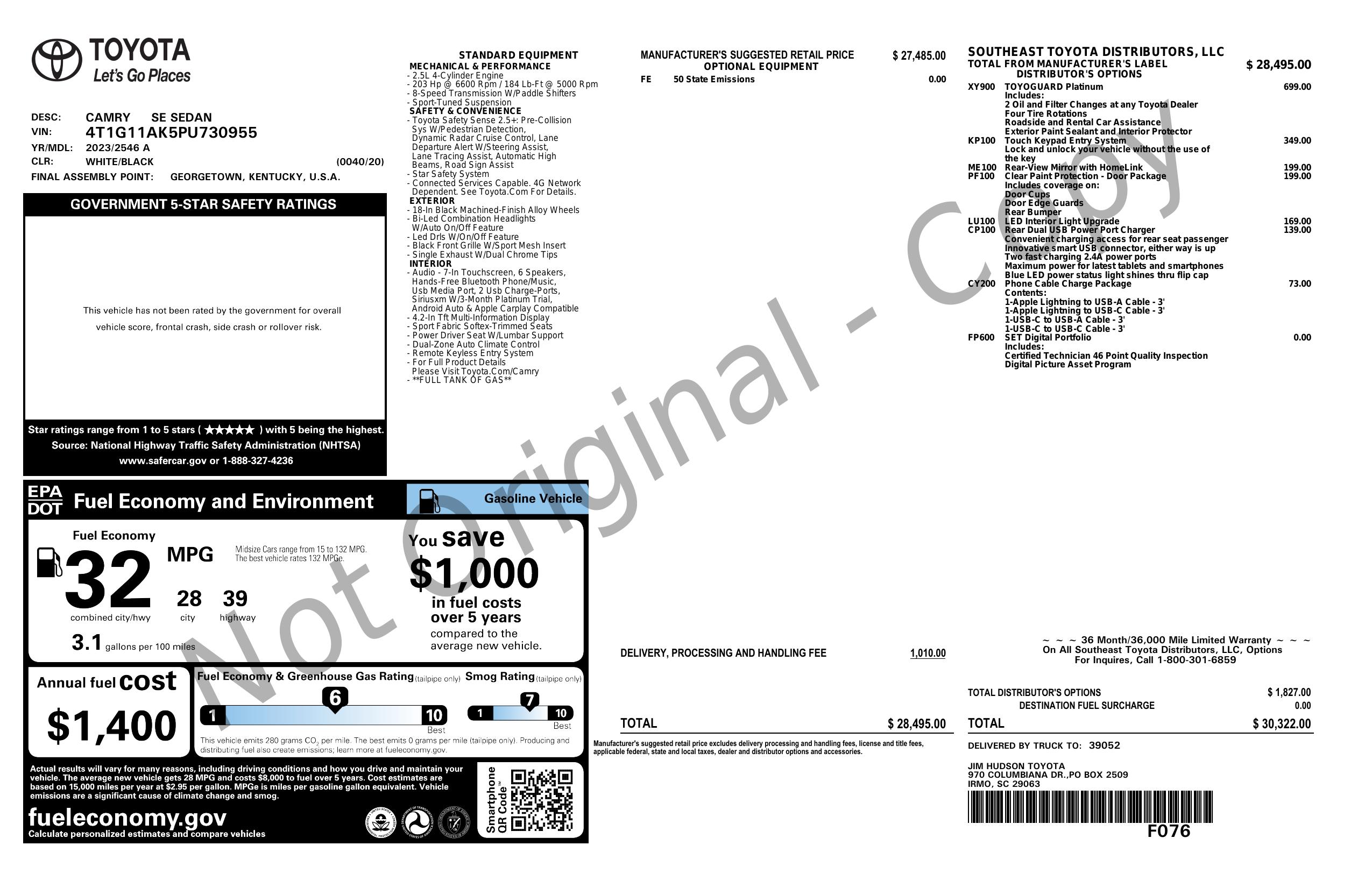 Window Sticker for 2023 Toyota Camry Se (Natl)