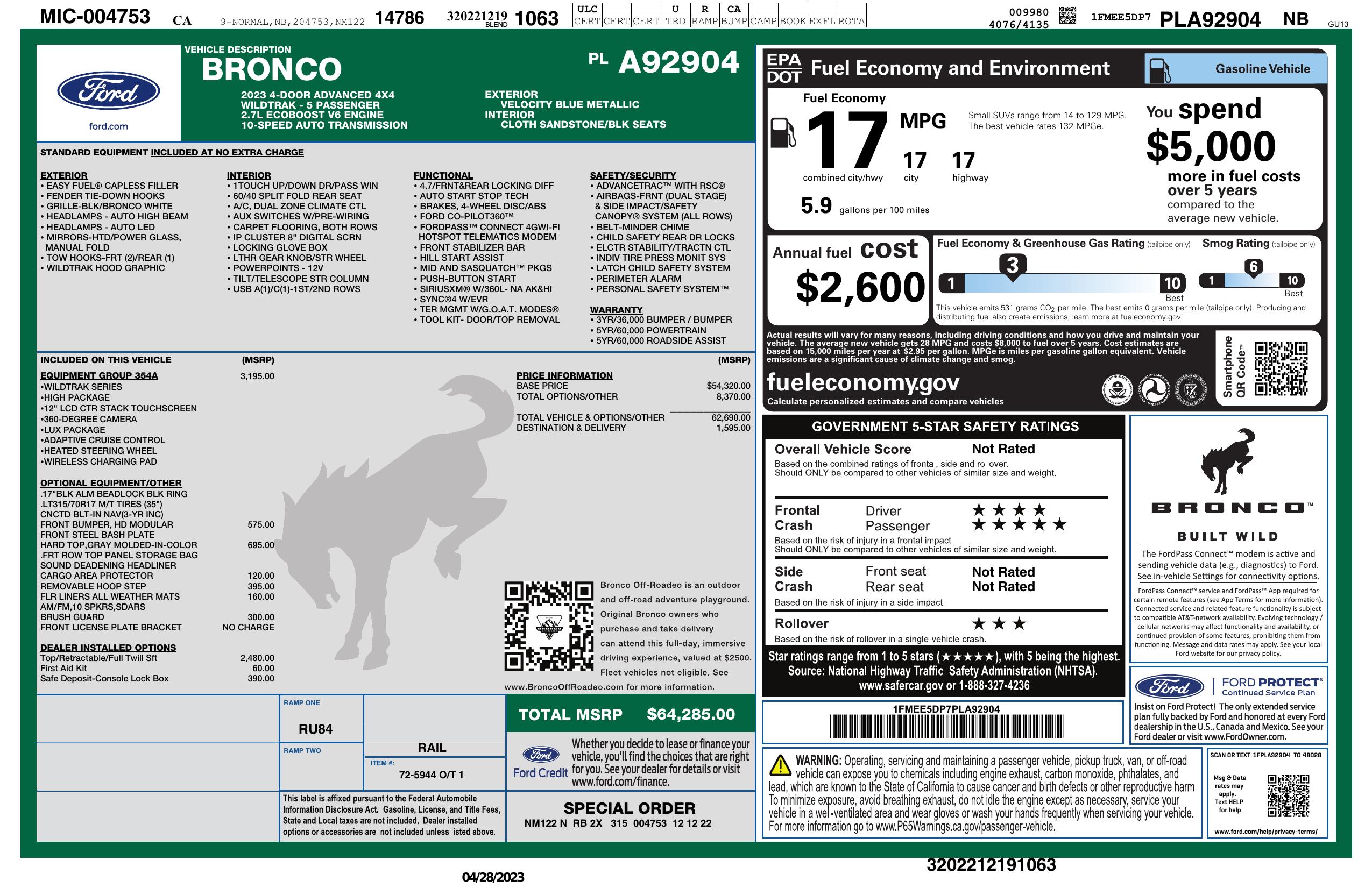 Window Sticker For 2023 Ford Bronco 4 Door Advanced 4x4 Window Sticker For 2023 Ford Bronco 4 Door Advanced 4x4