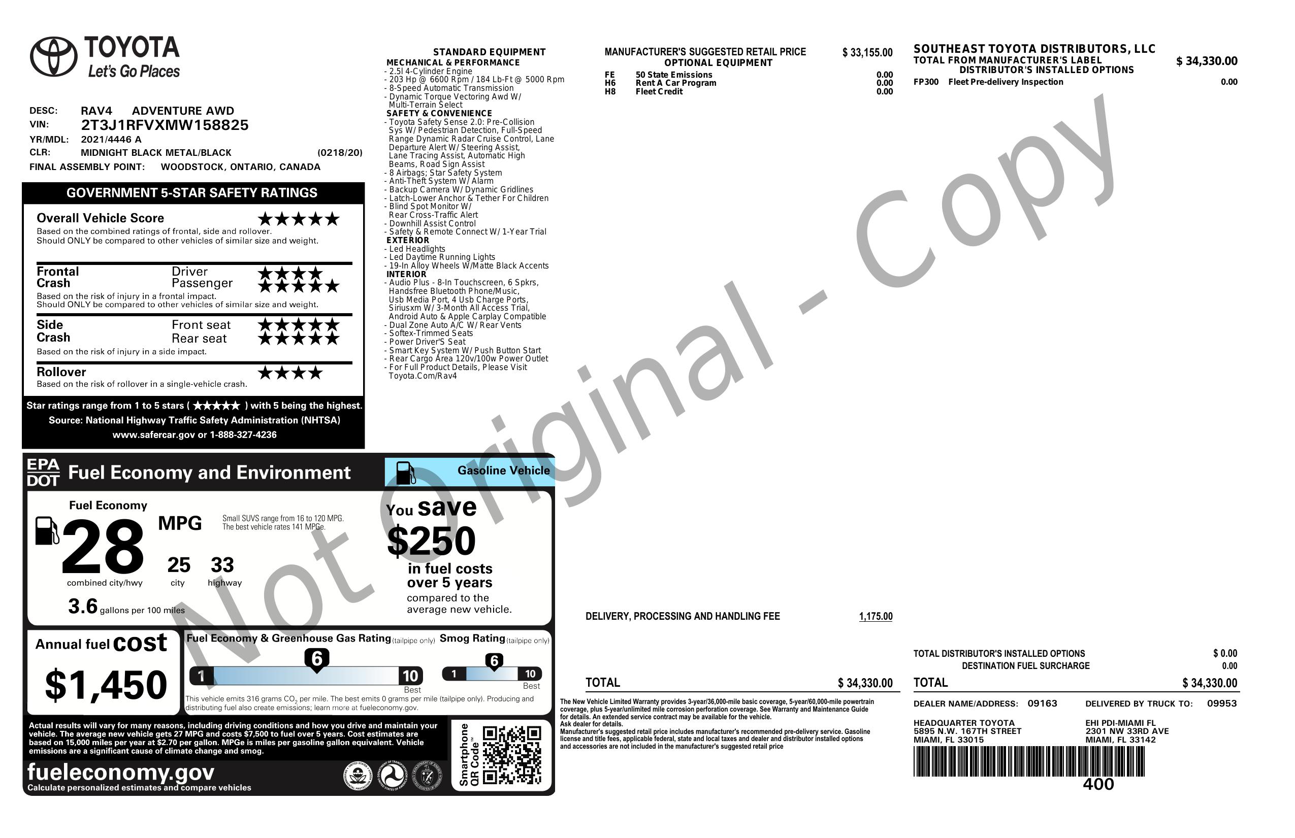 Original window sticker for 2021 TOYOTA RAV4 ADVENTURE