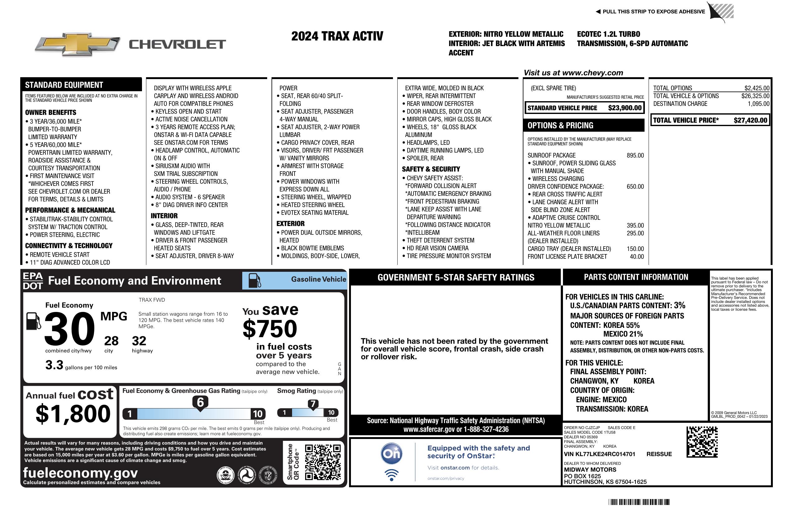 Window Sticker for 2024 Chevrolet Trax Fwd 4dr Activ