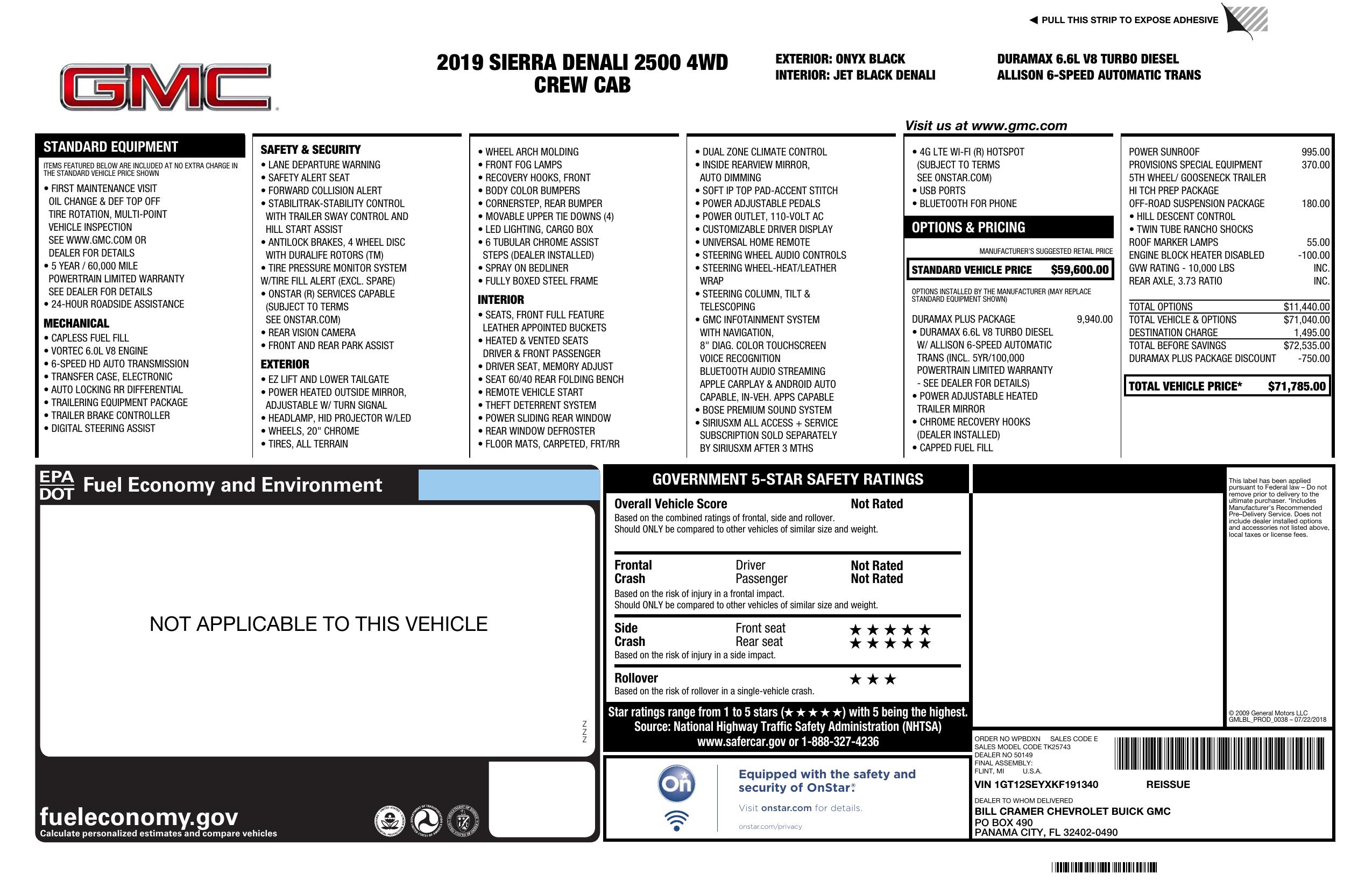 Window Sticker for 2019 GMC Sierra 2500 Hd 4 Wd Crew Cab 153.7" Denali