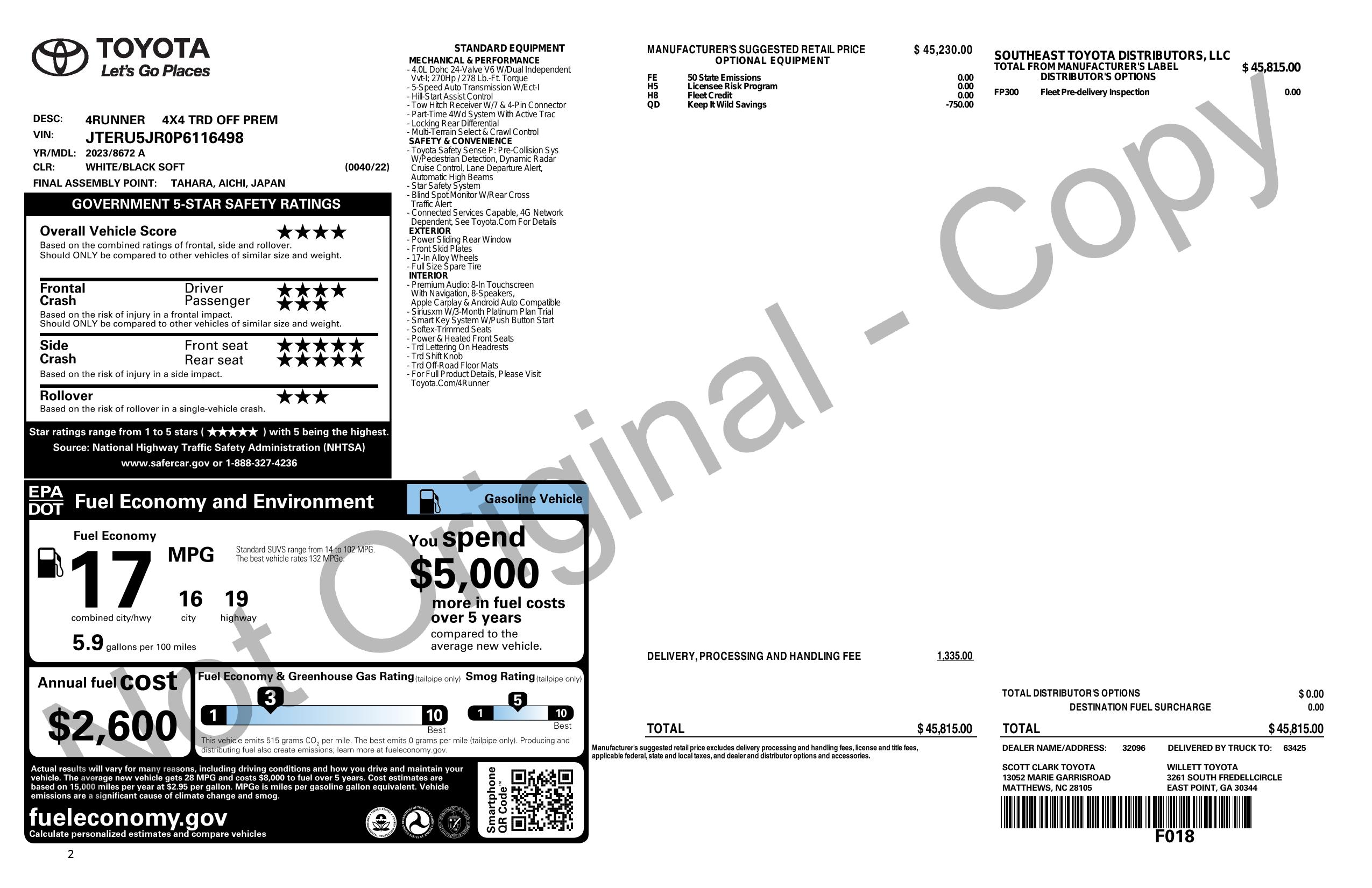 Window Sticker for 2023 Toyota 4 Runner Trd Off Road Premium 4 Wd (Natl)