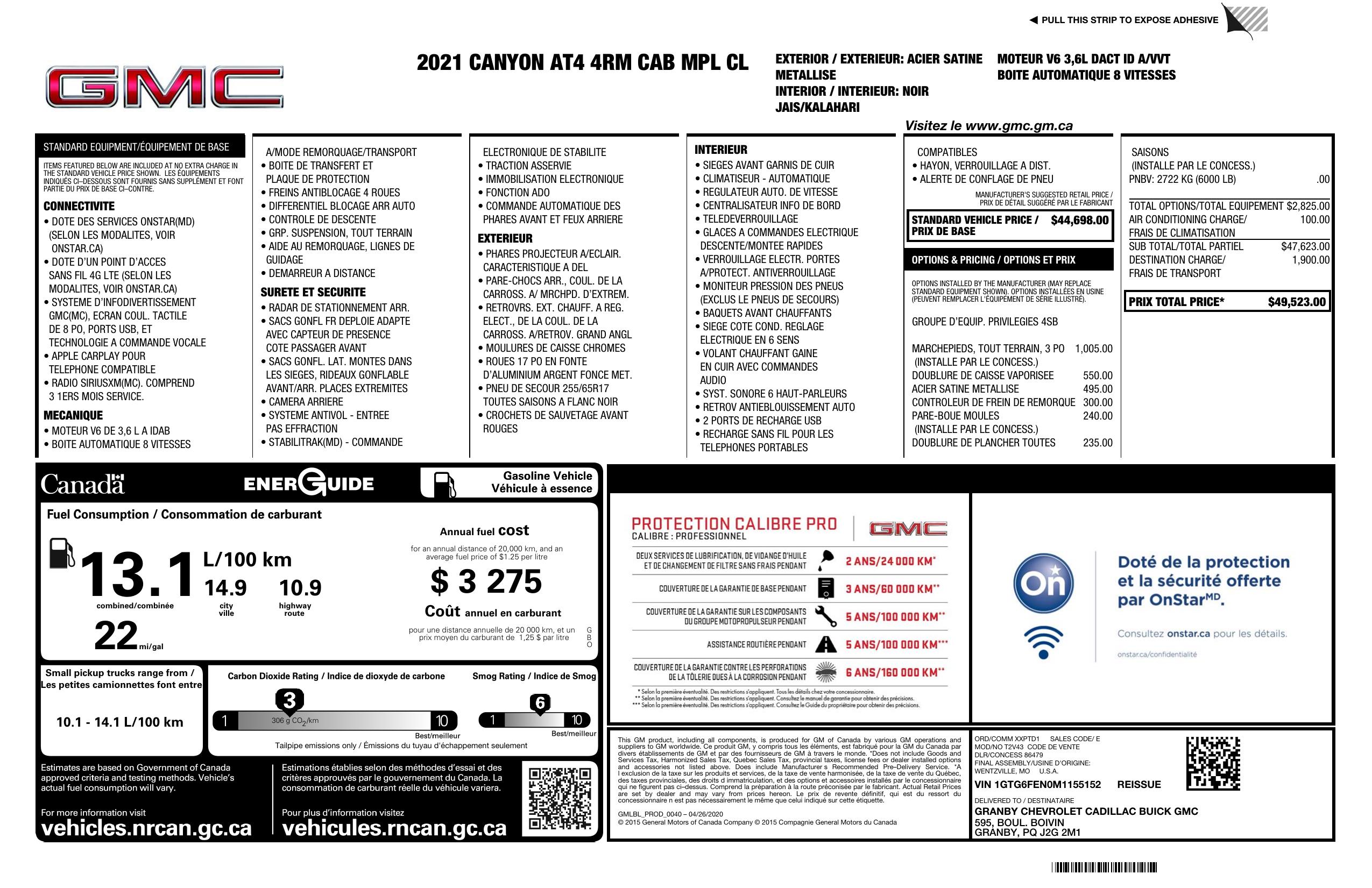 Window Sticker for 2021 GMC Canyon 4 Wd Crew Cab At4