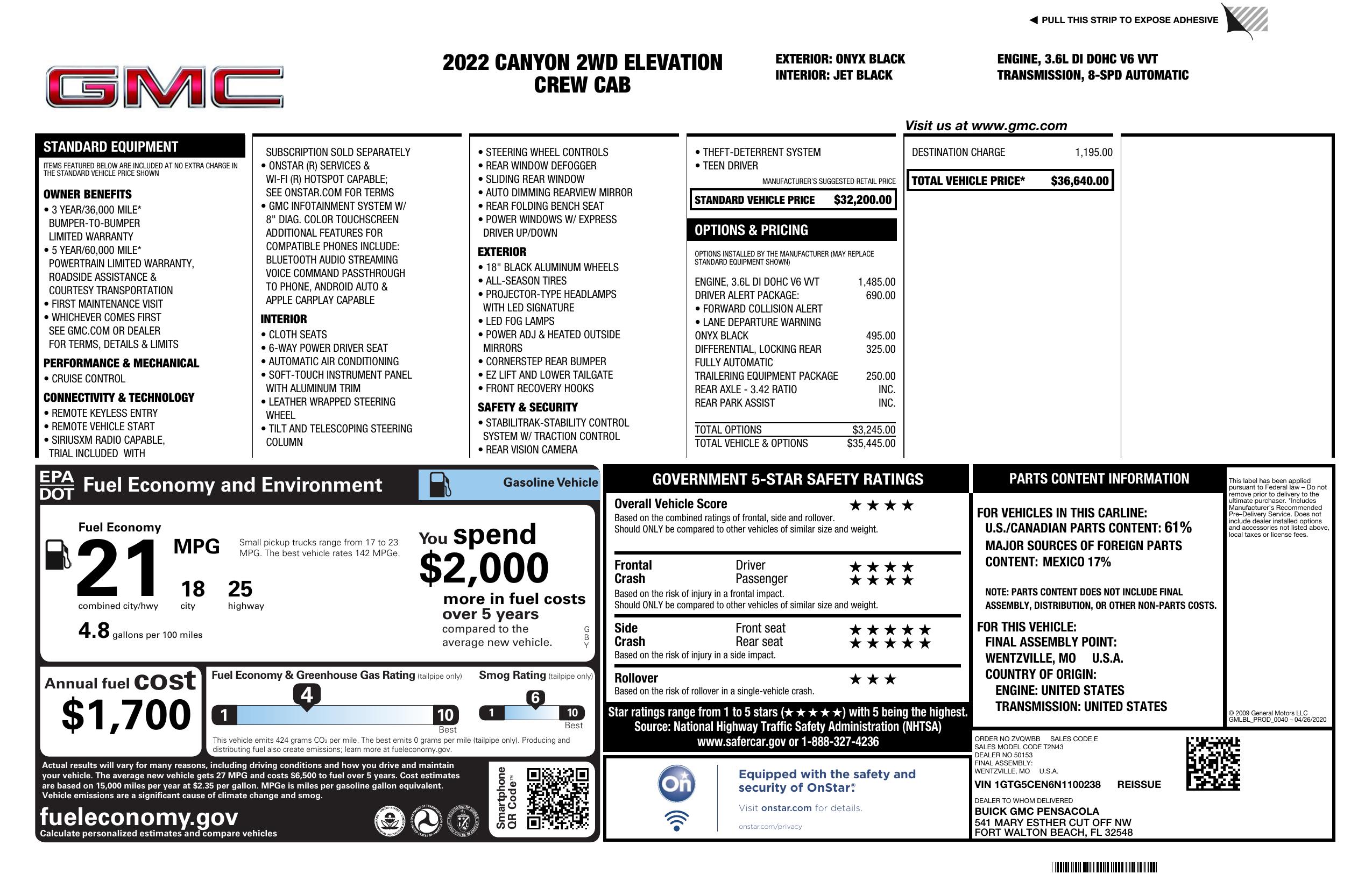 Window Sticker for 2022 GMC Canyon 2 Wd Crew Cab 128" Elevation