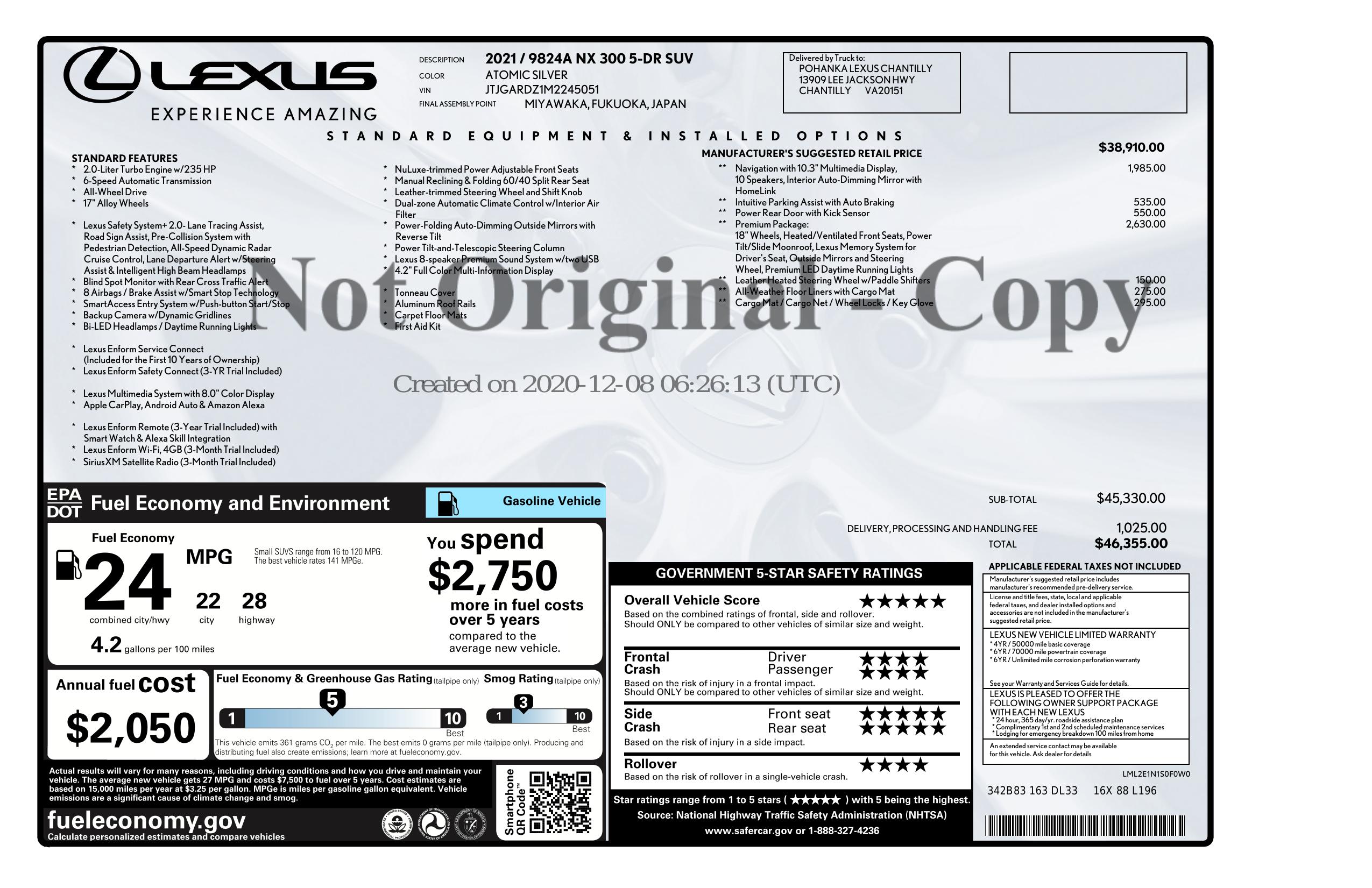 Window Sticker For 2021 Lexus Nx Nx 300 Awd window-sticker-for-2021-lexus-nx-nx-300-awd