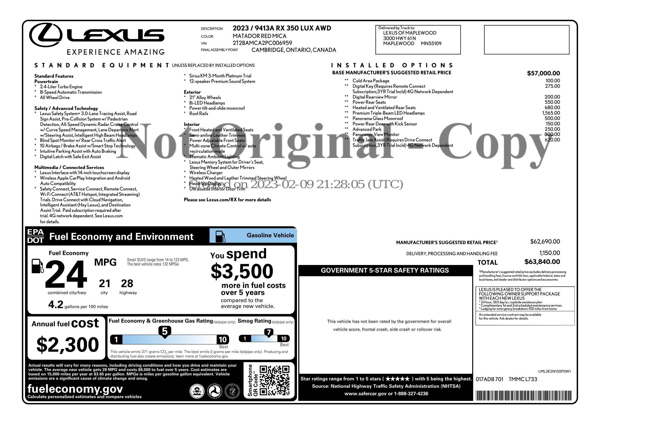 Window Sticker for 2023 Lexus Rx 350