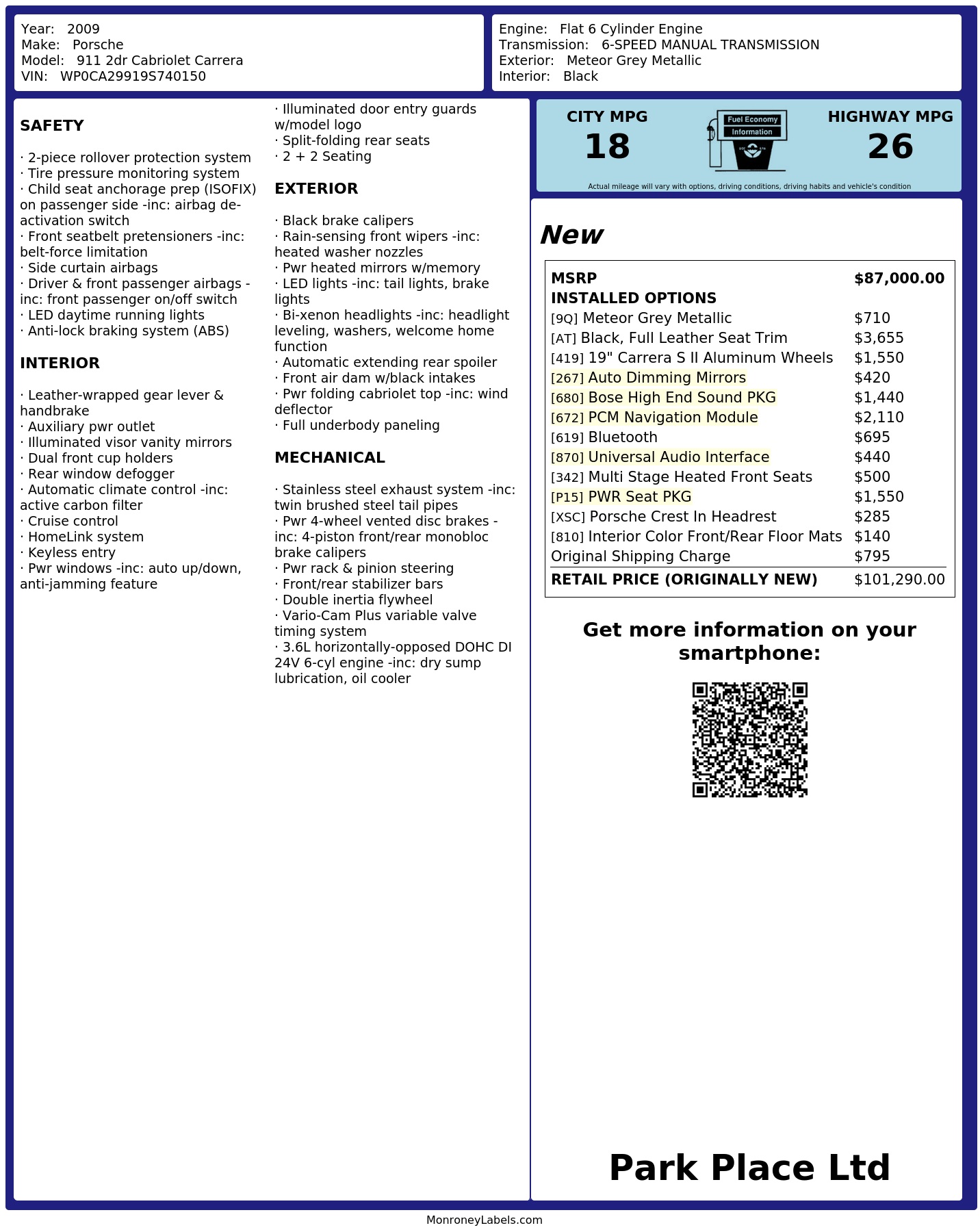 Window Sticker for 2009 Porsche 911 2dr Cabriolet Carrera
