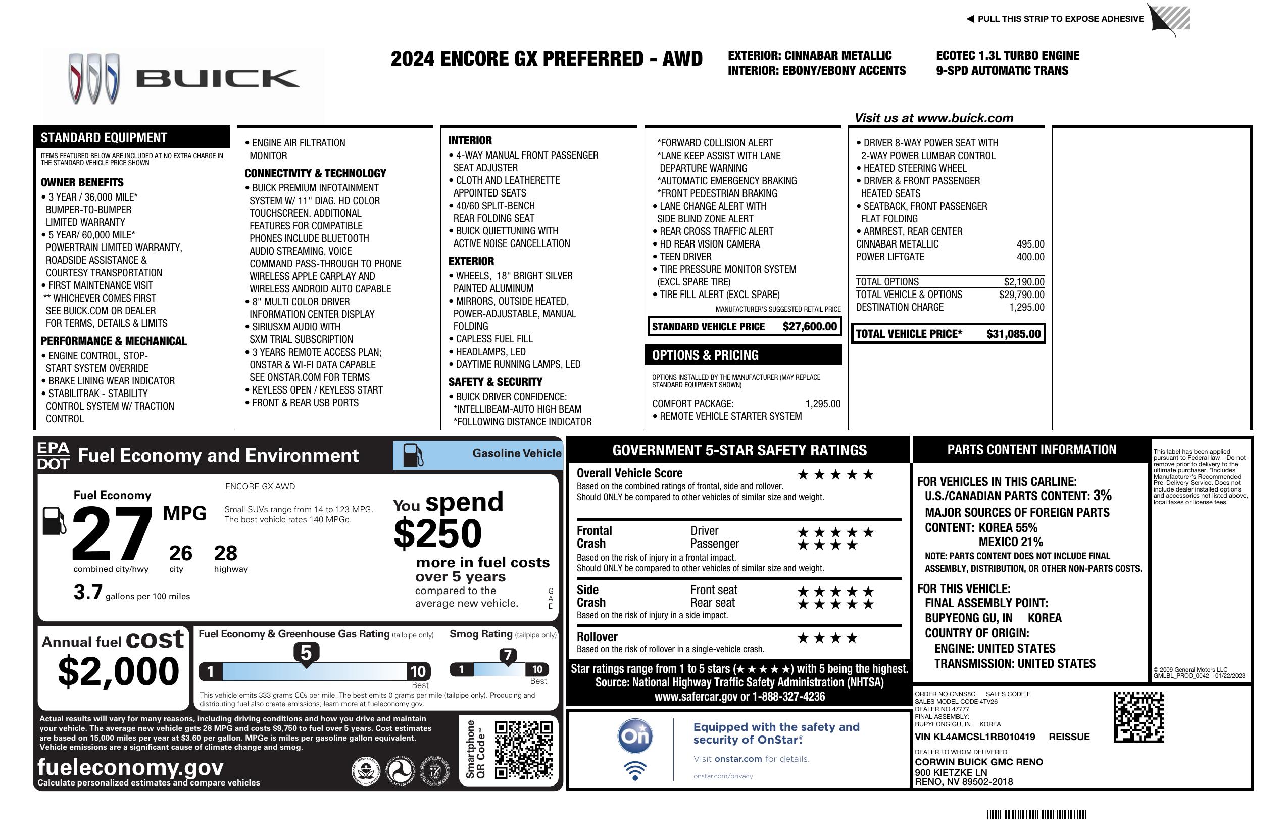 Window Sticker for 2024 Buick Encore Gx Awd 4dr Preferred