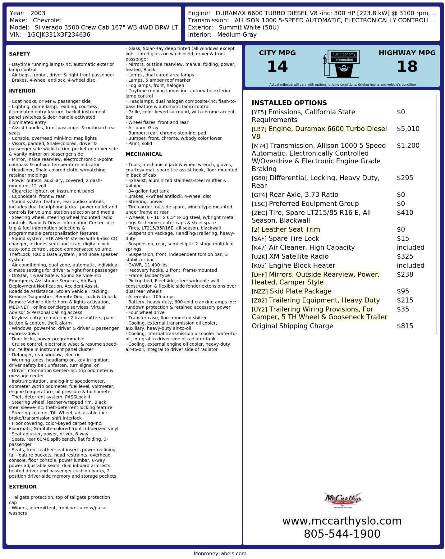 Window Sticker for 2003 Chevrolet Silverado 3500 Crew Cab 167