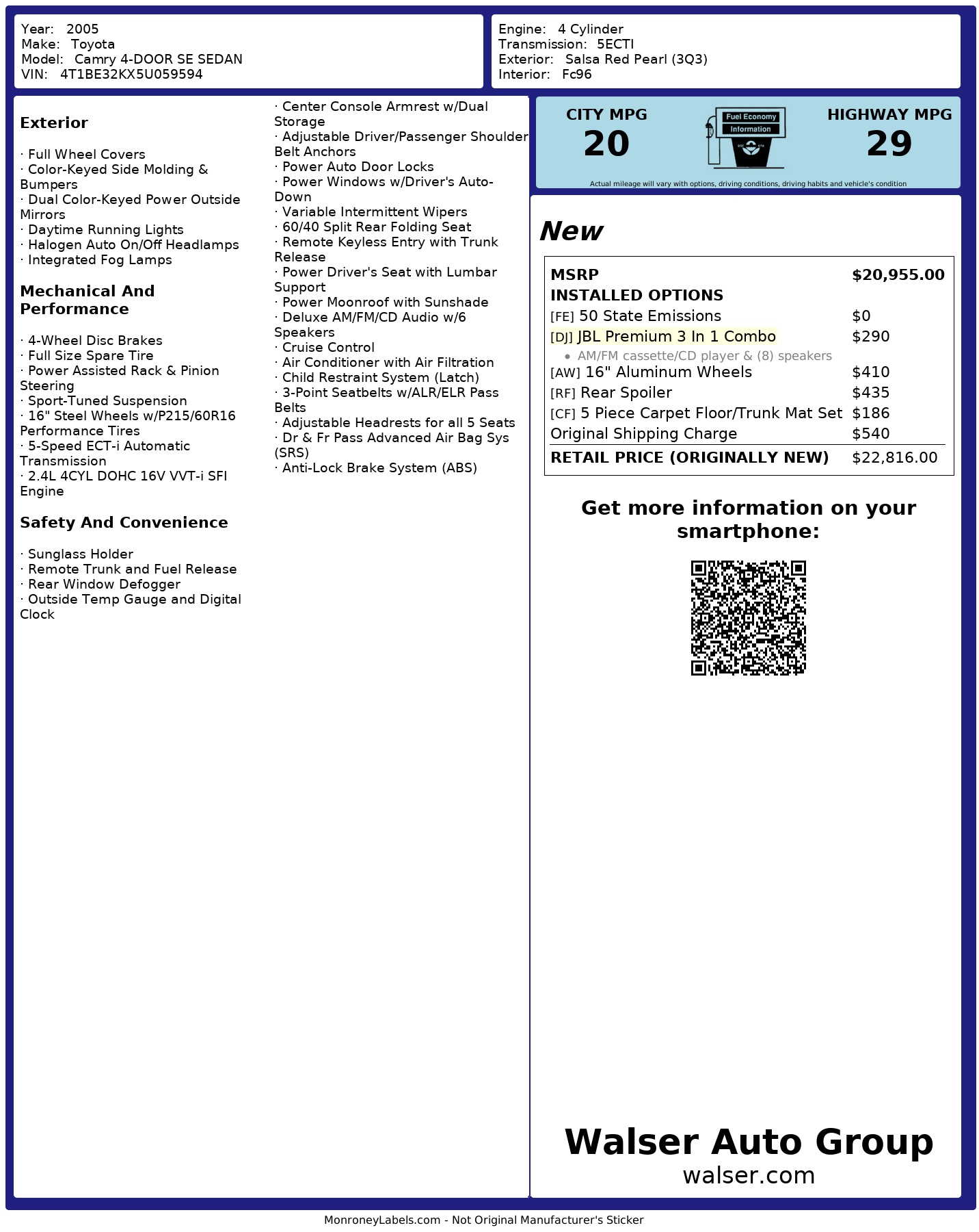 Window Sticker for 2005 Toyota Camry 4 Door Se Sedan