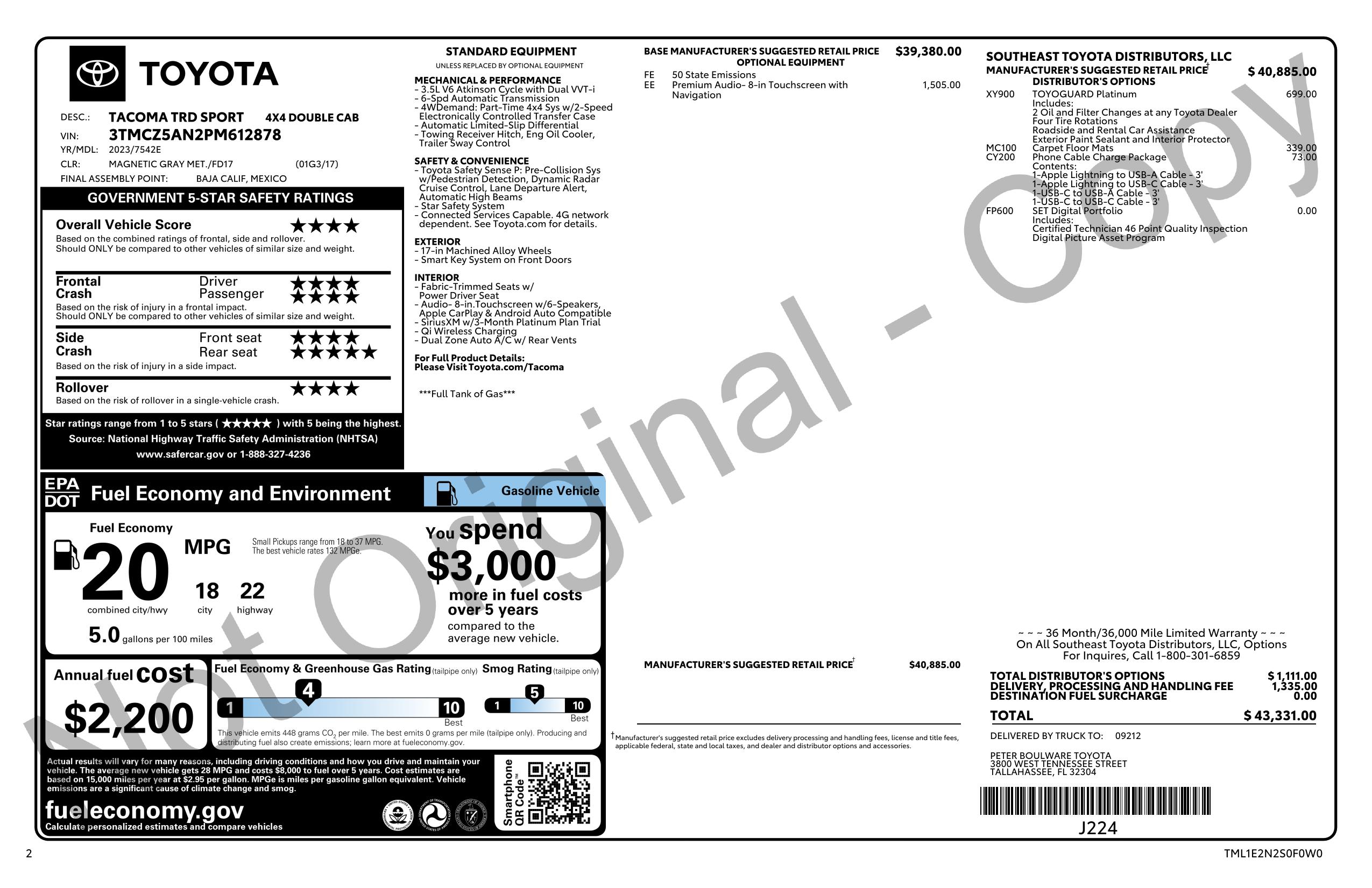 Window Sticker for 2023 Toyota 4 Wd Double Cab 5' Bed V6 (Natl)