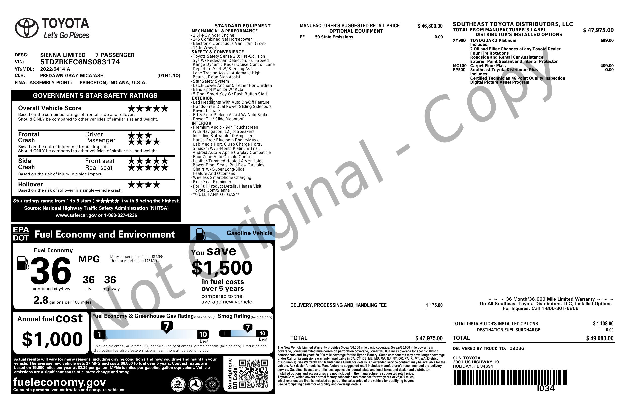 Window Sticker for 2022 Toyota Sienna Limited Fwd 7 Passenger (Natl)