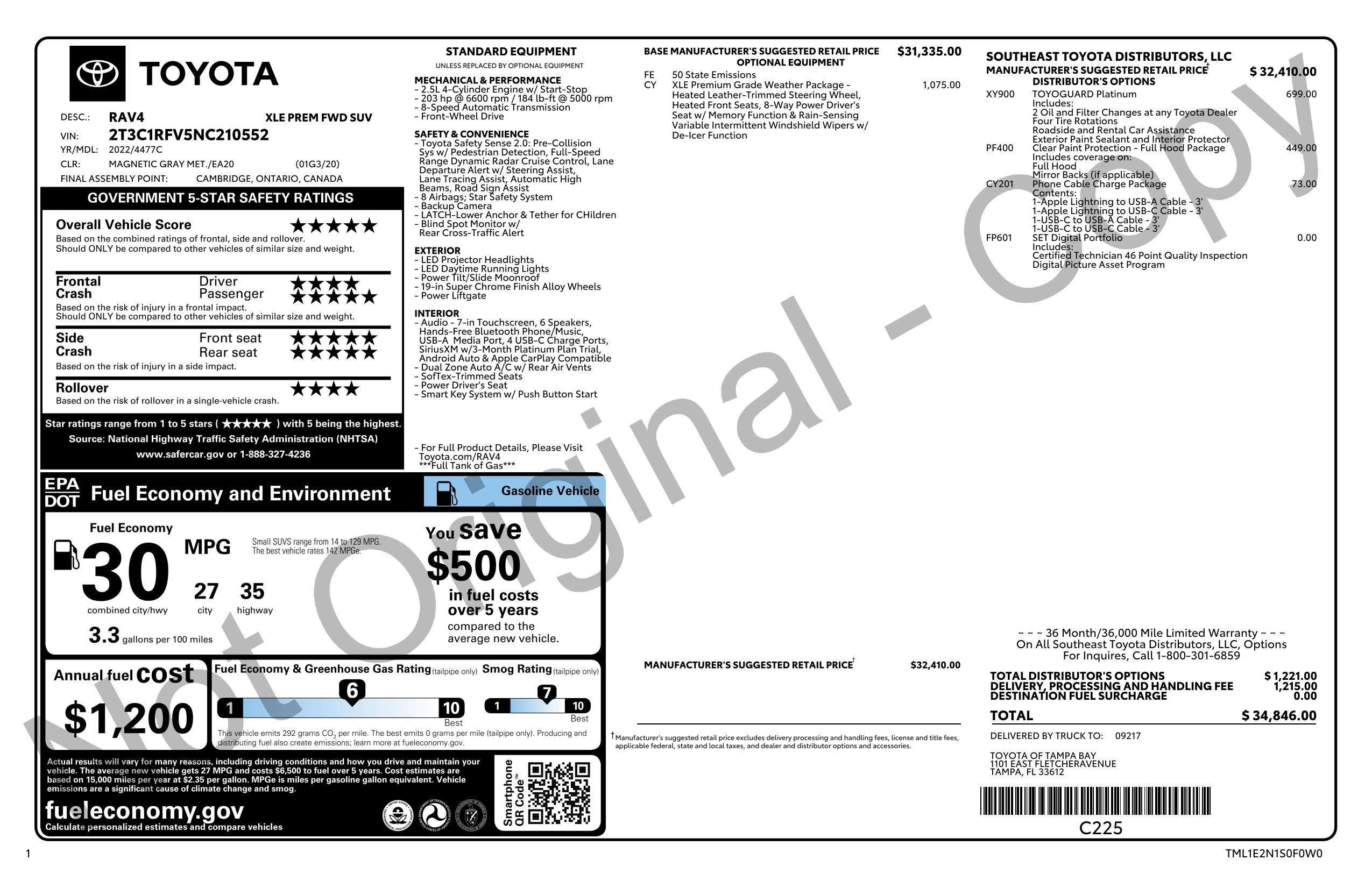 Window Sticker For 2022 Toyota Rav4 Xle Premium Fwd Natl   Window Sticker 